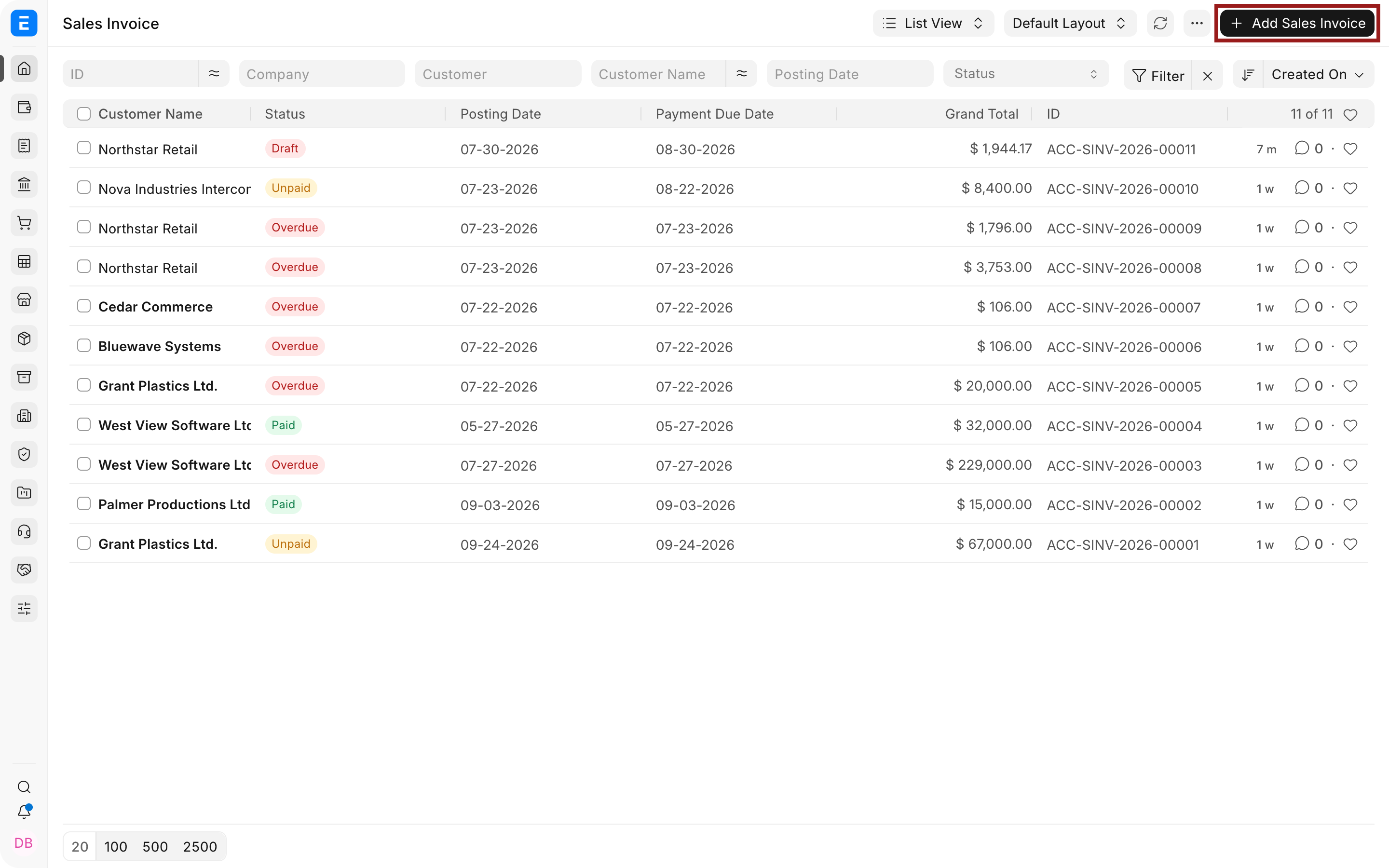 Sales Invoice list with Add Sales Invoice highlighted
