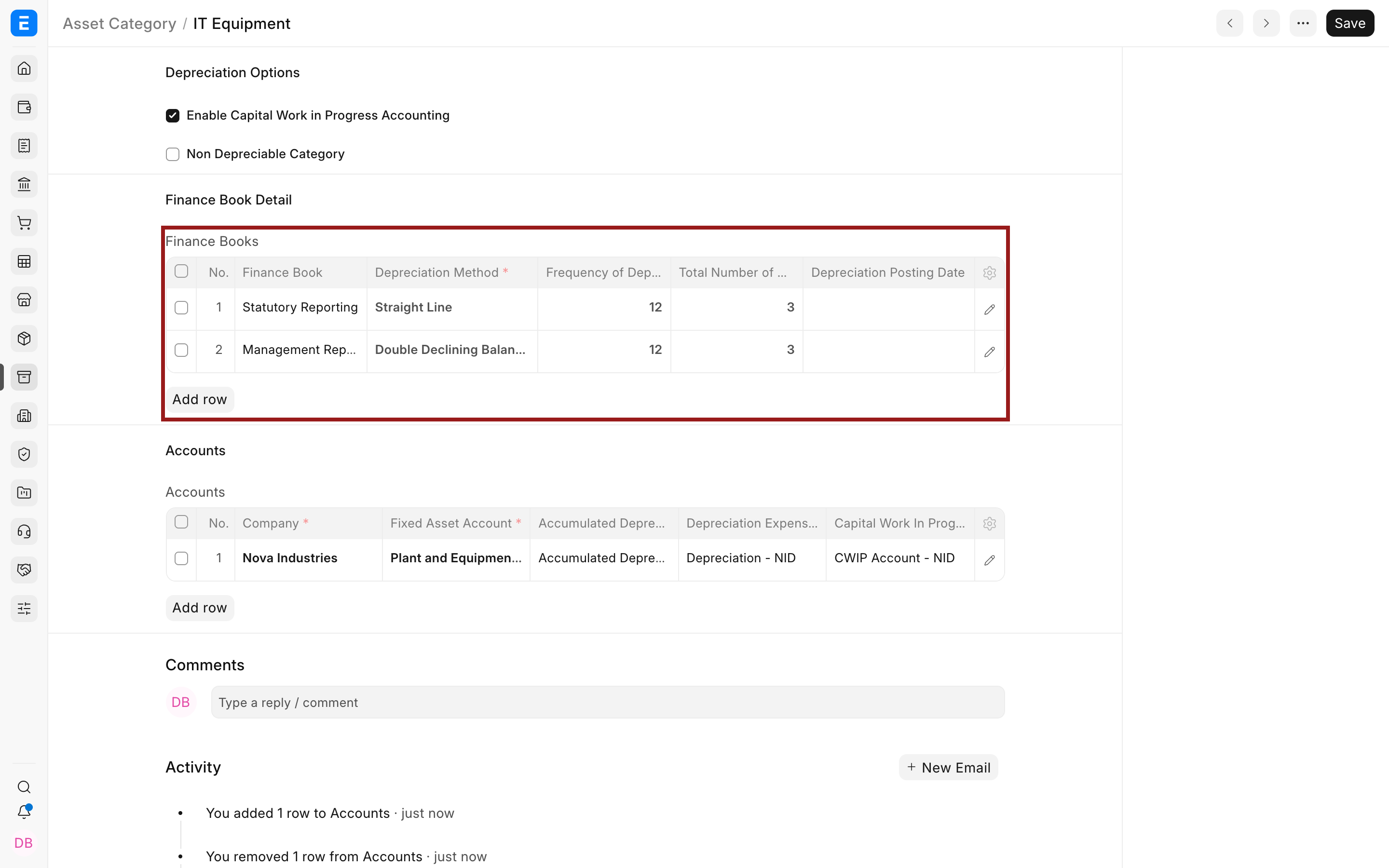 Finance Book depreciation defaults in an ERPNext Asset Category