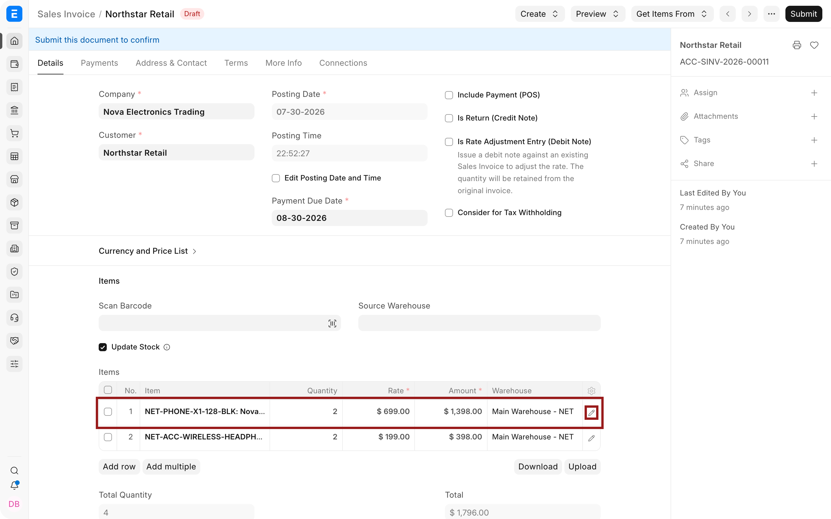 Sales Invoice item row and pencil icon highlighted