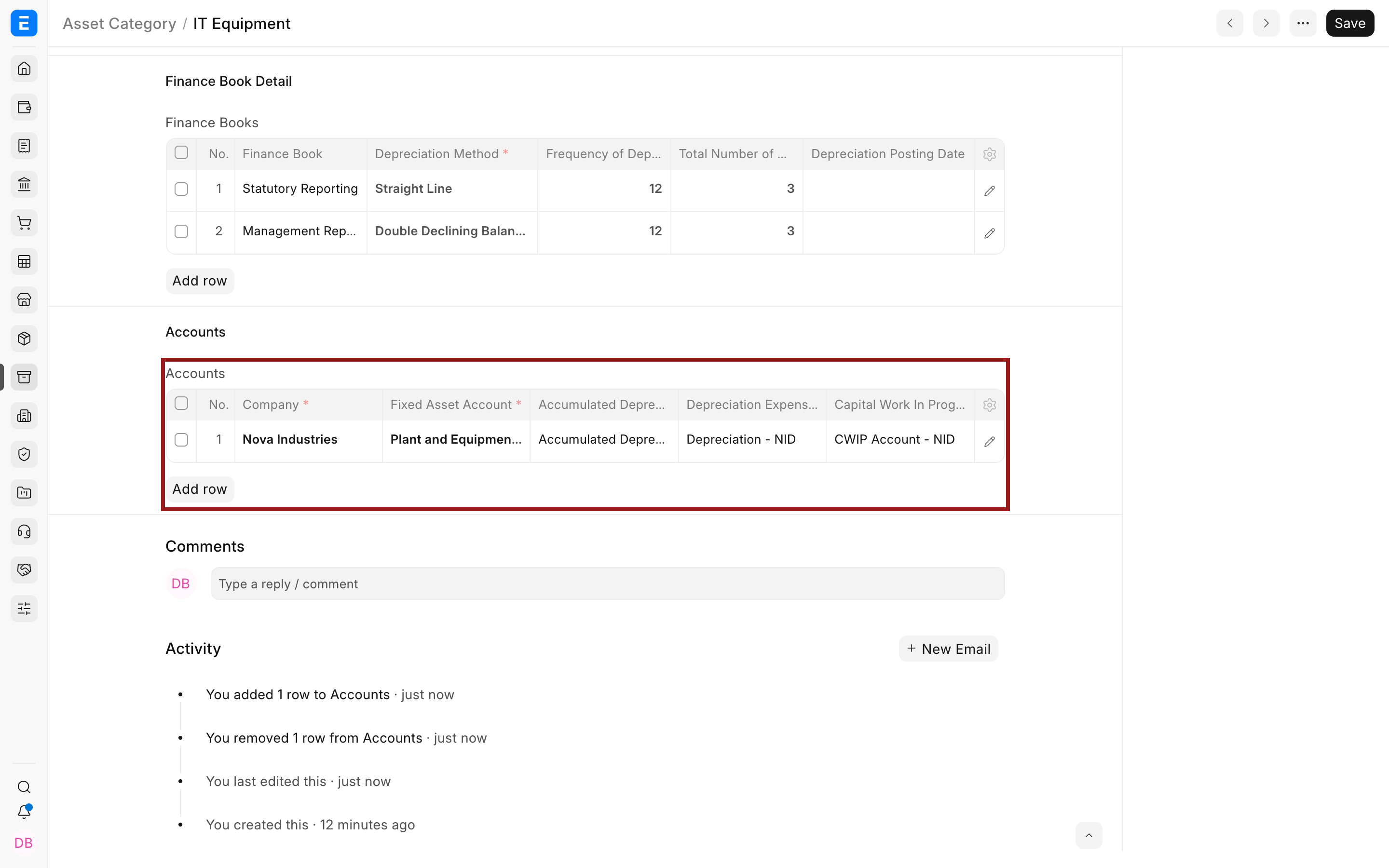 Company accounting defaults for an ERPNext Asset Category