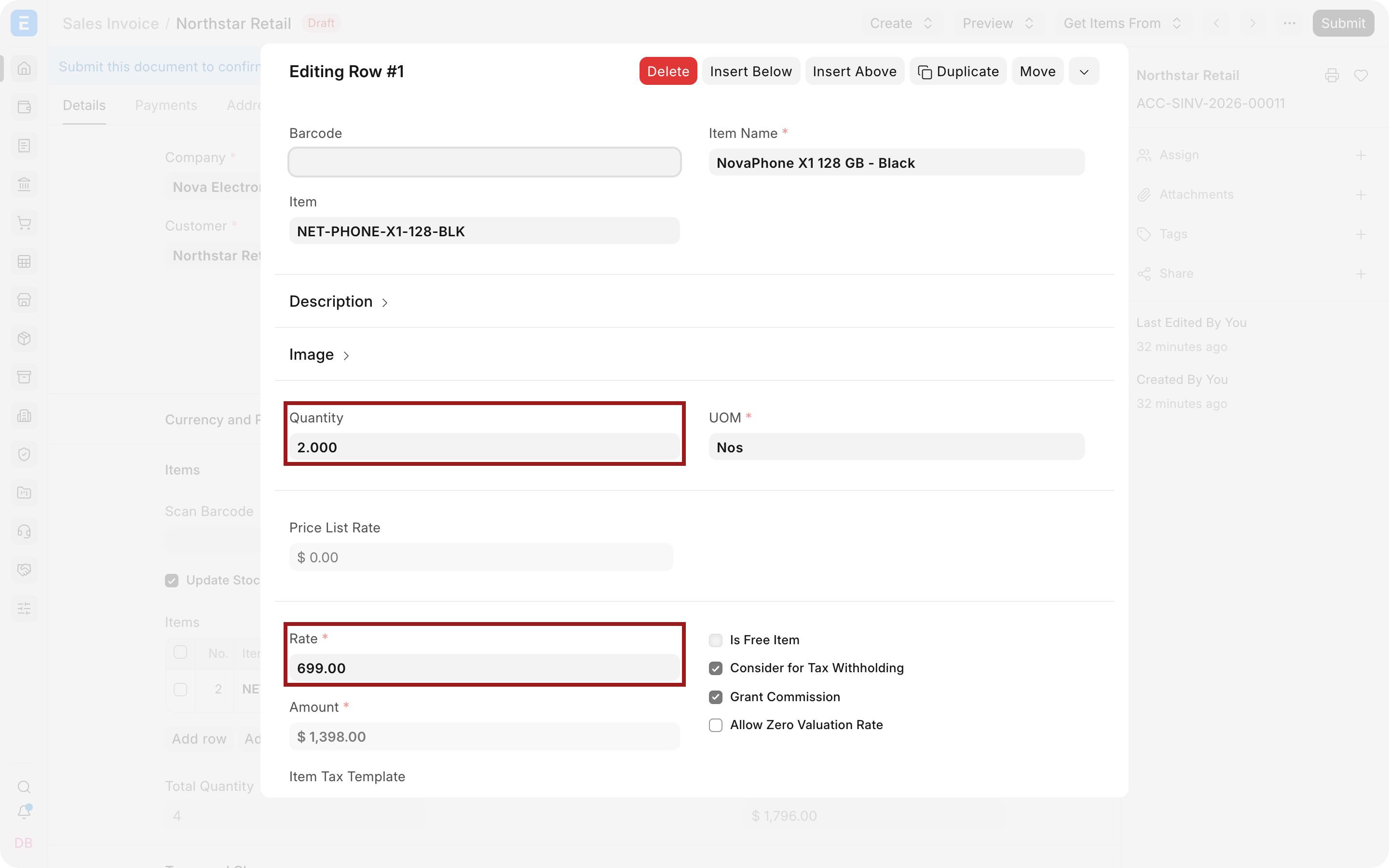 Quantity and Rate highlighted in the open Sales Invoice item row
