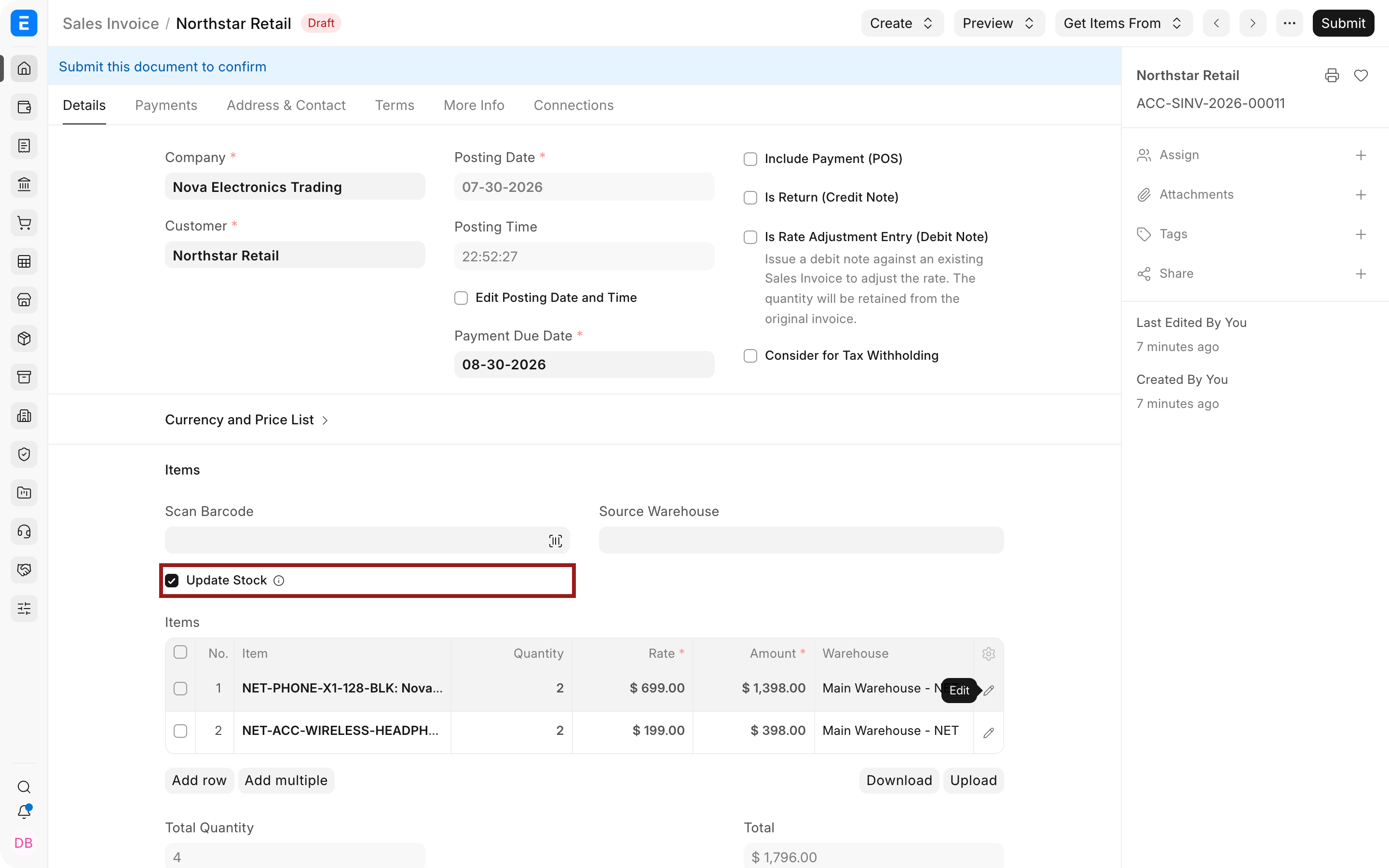 Update Stock highlighted on a Sales Invoice