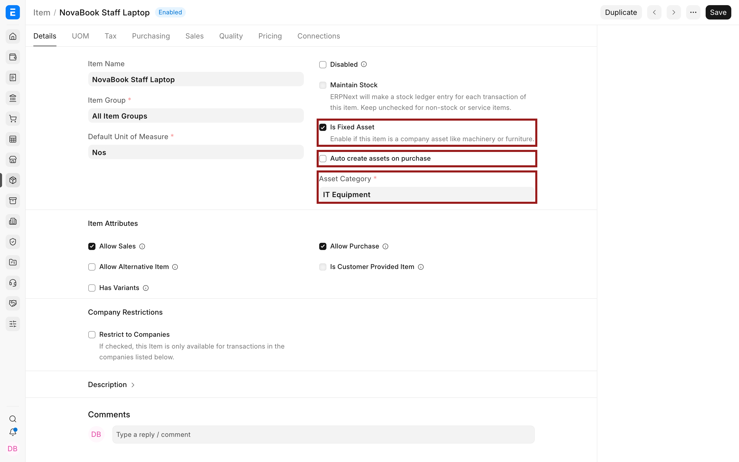 ERPNext Item configured as a fixed asset