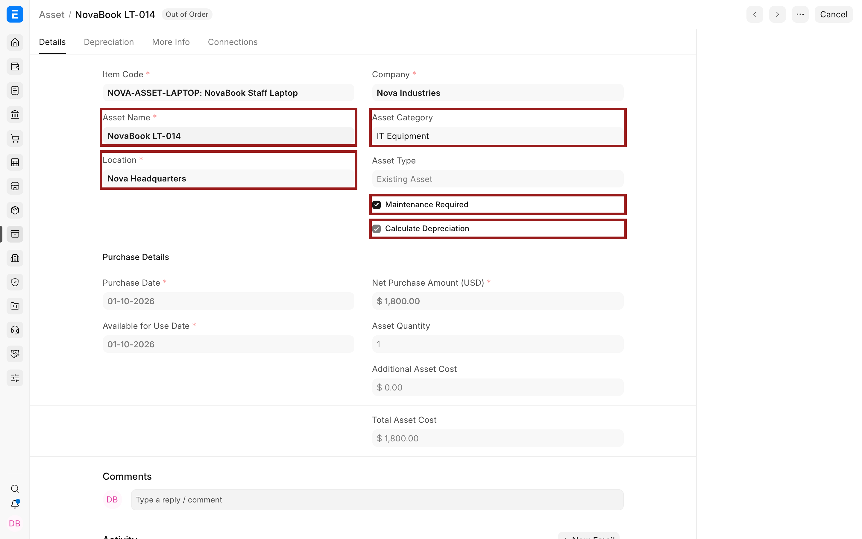 Core ERPNext Asset fields for a Nova Industries laptop