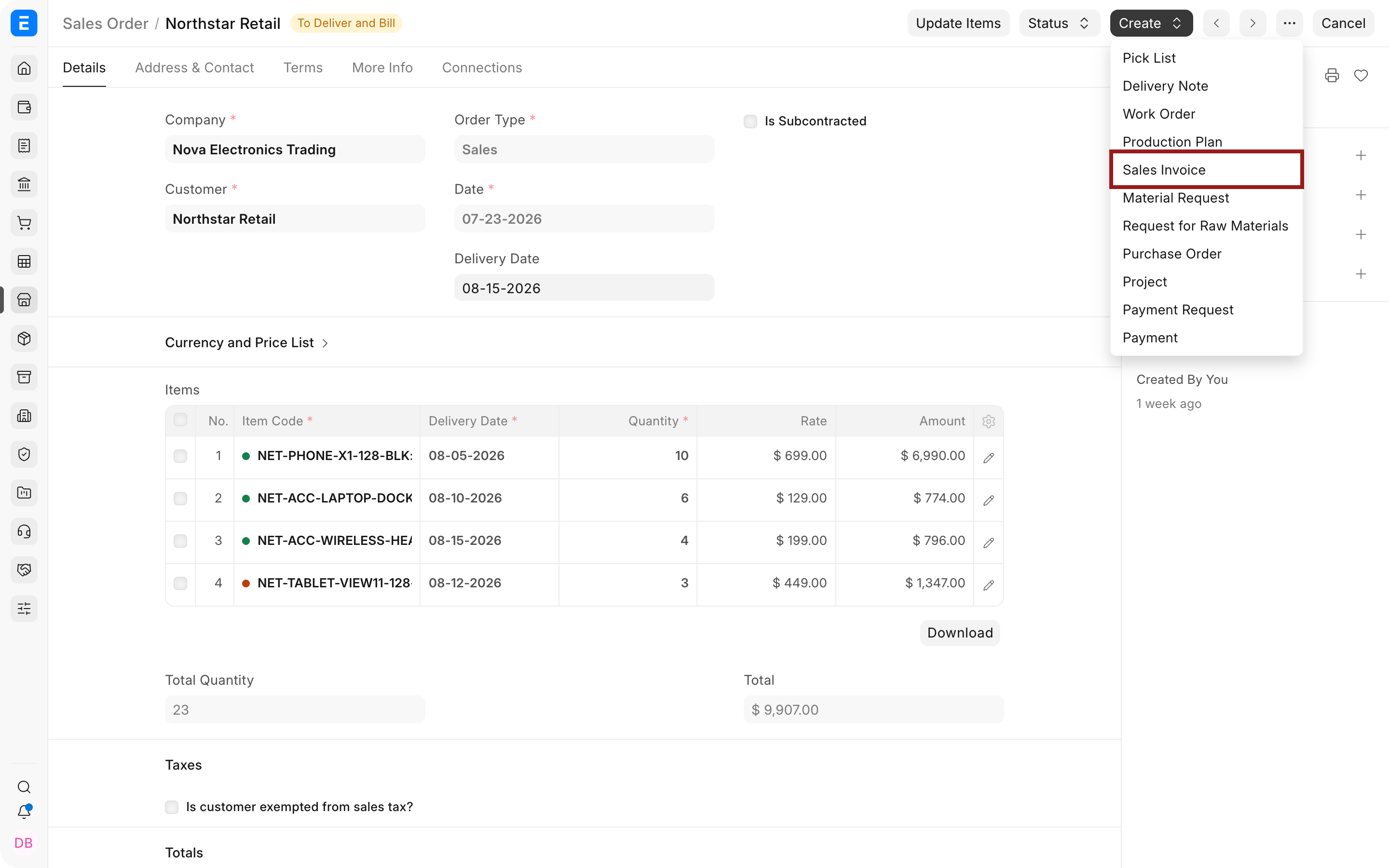 Sales Invoice action highlighted in the Sales Order Create menu
