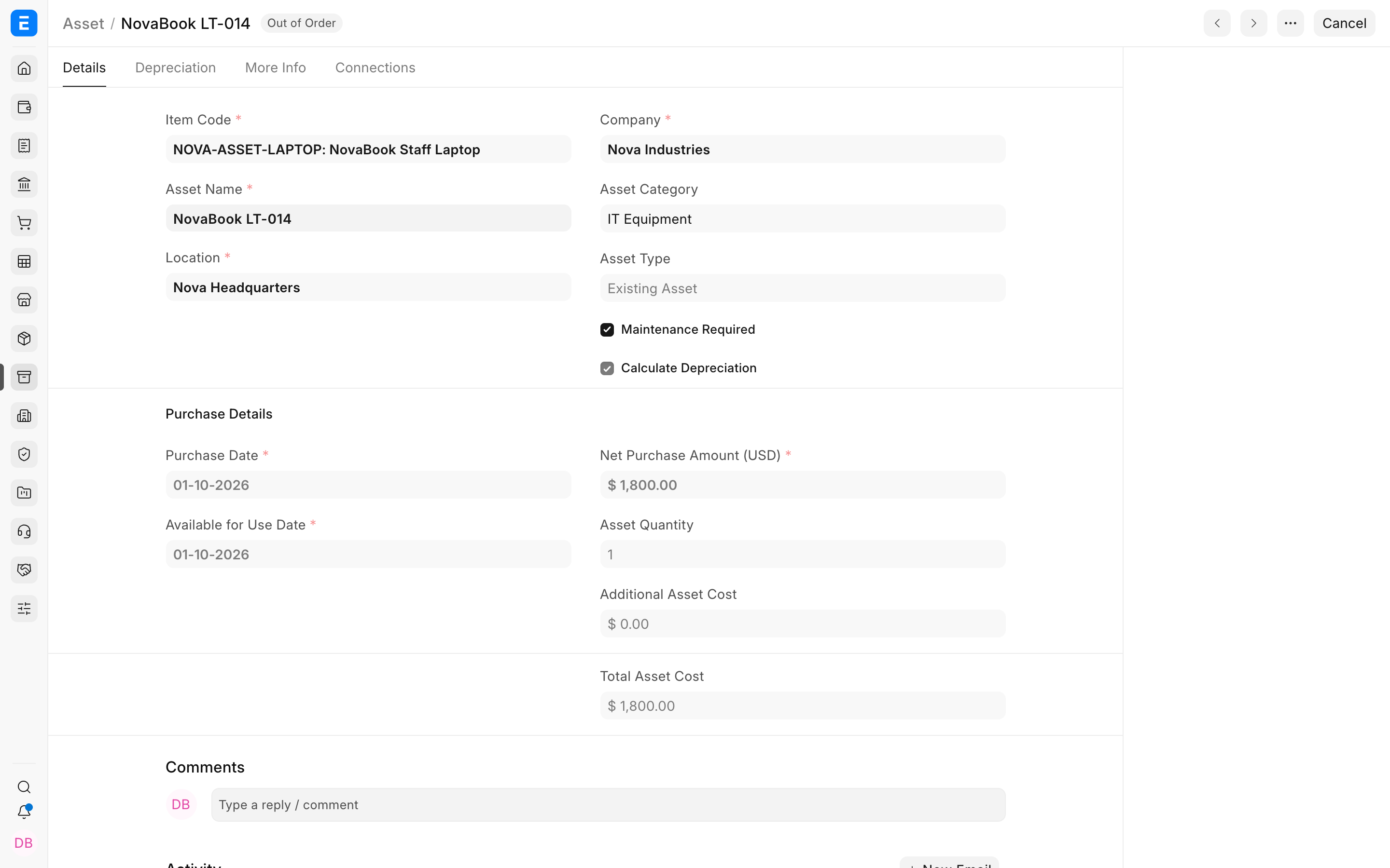 Finance Book configuration on an ERPNext Asset