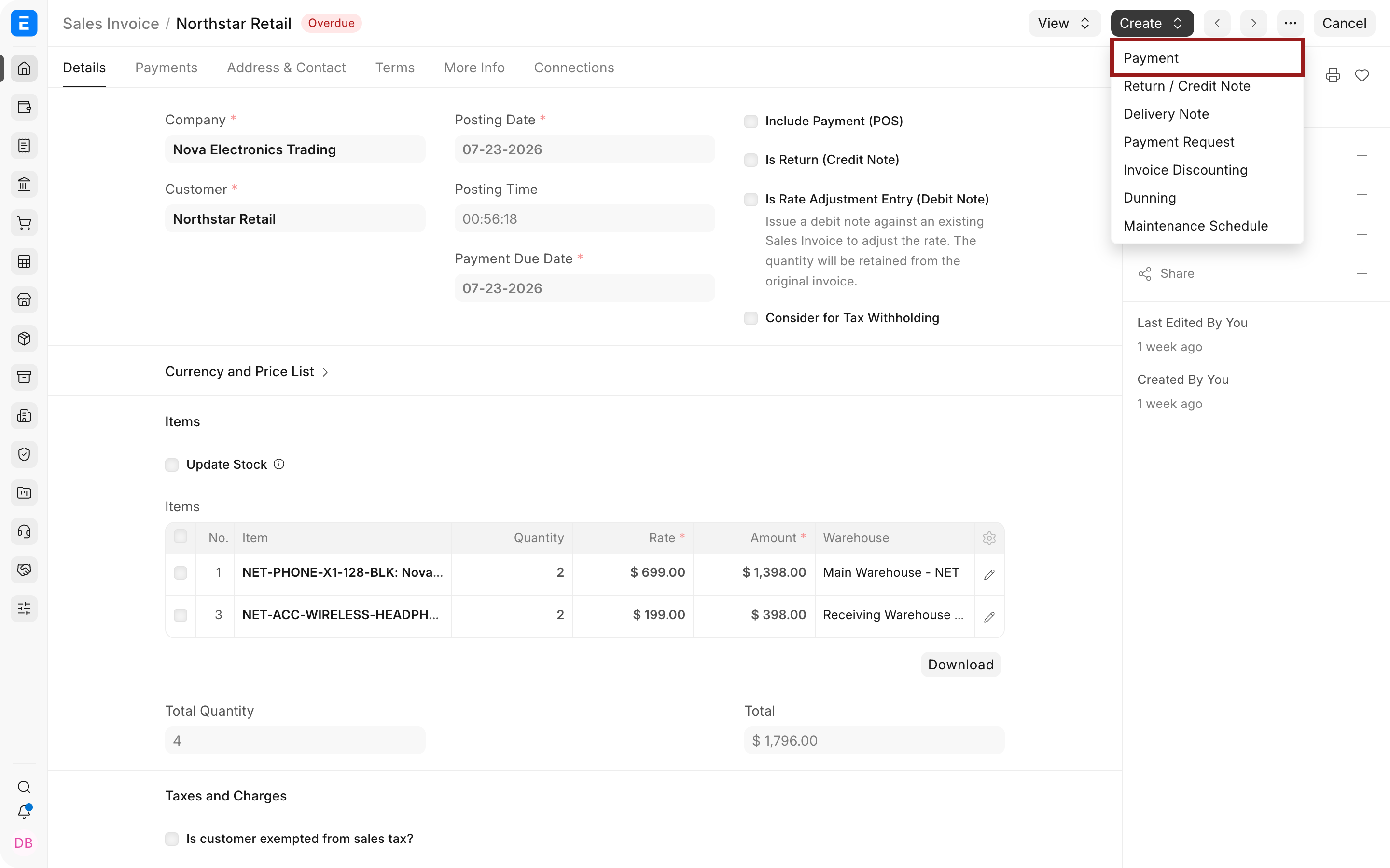 Payment action highlighted on a submitted Sales Invoice