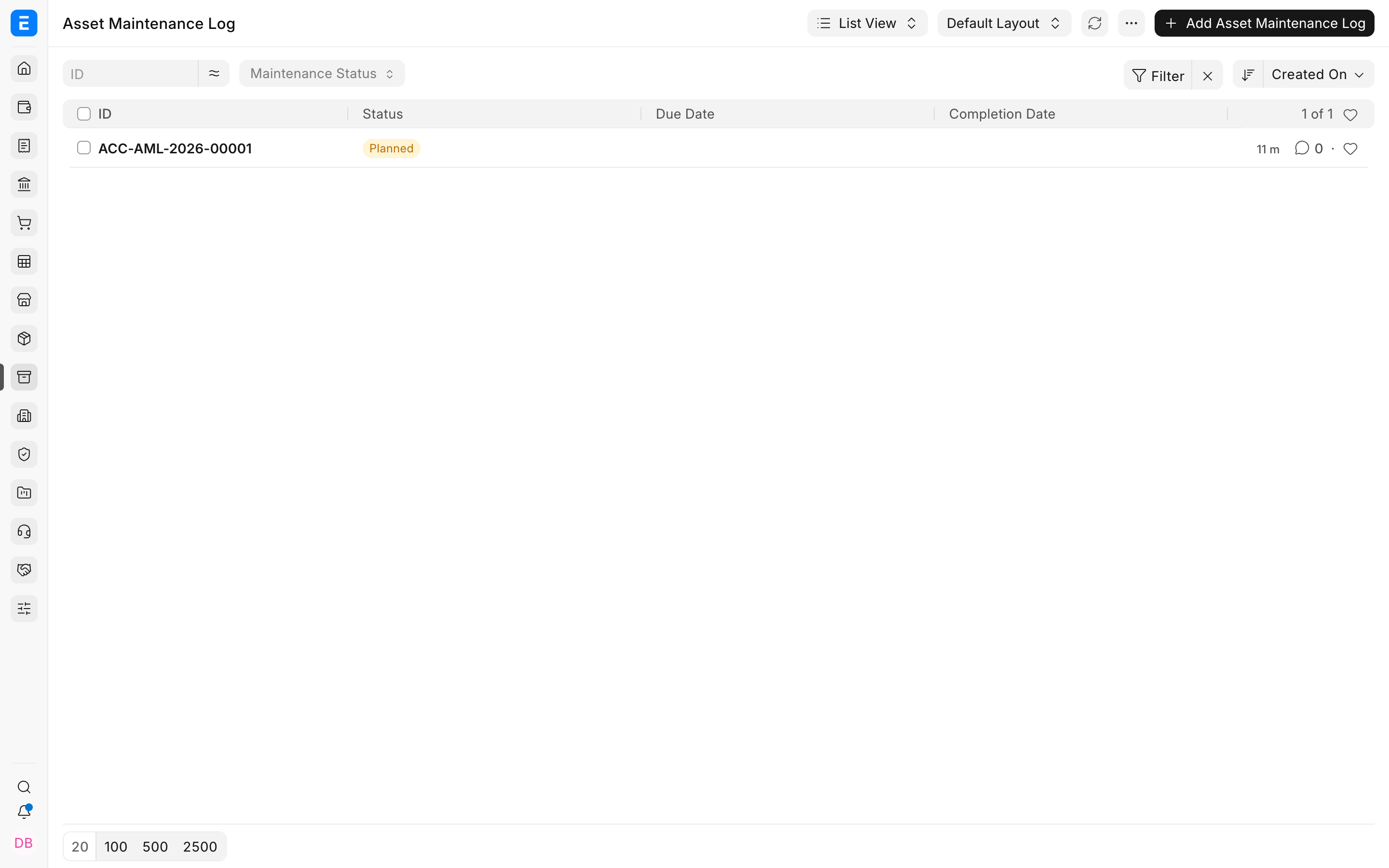 ERPNext Asset Maintenance Log list