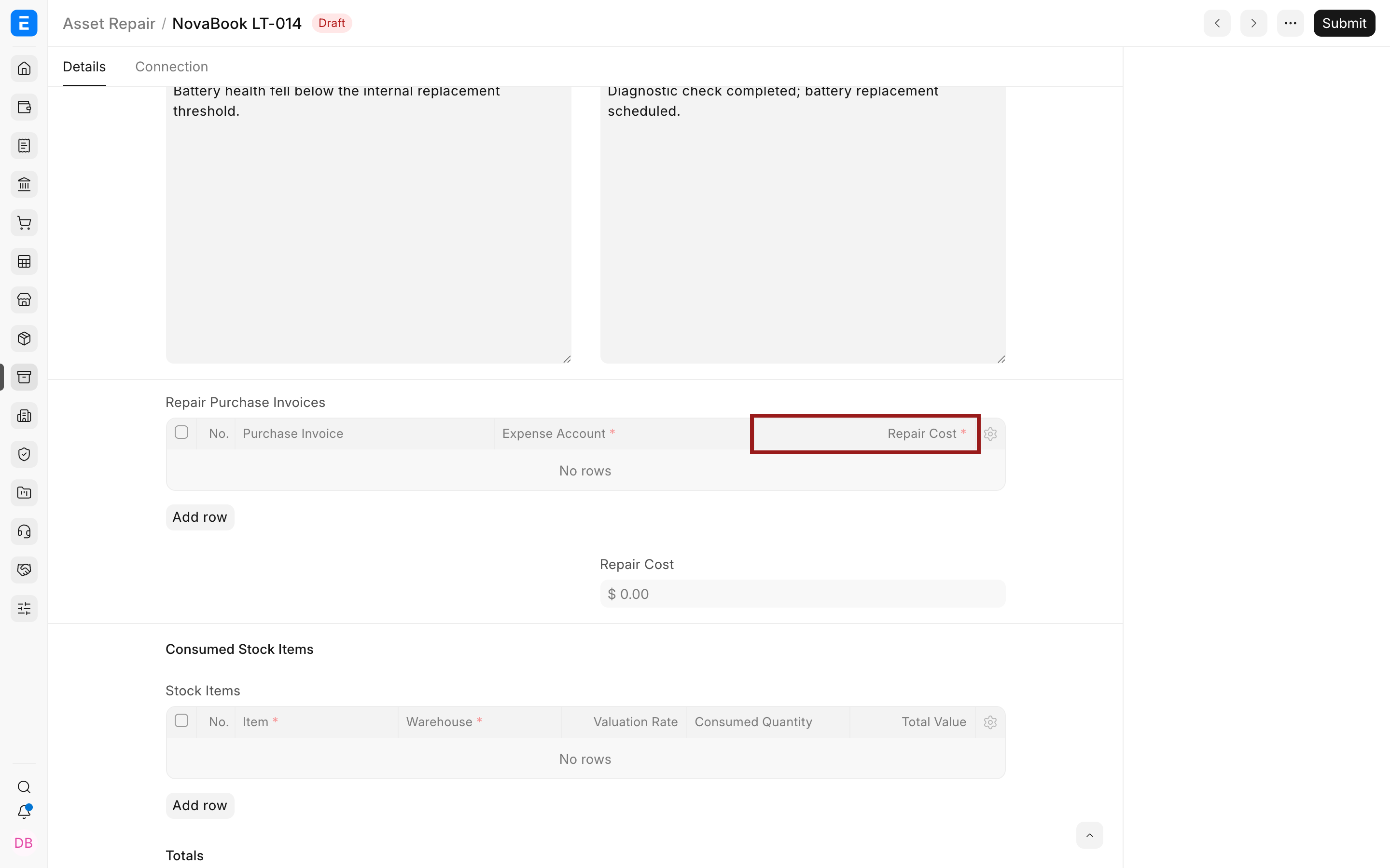 Repair cost and capitalization fields in ERPNext