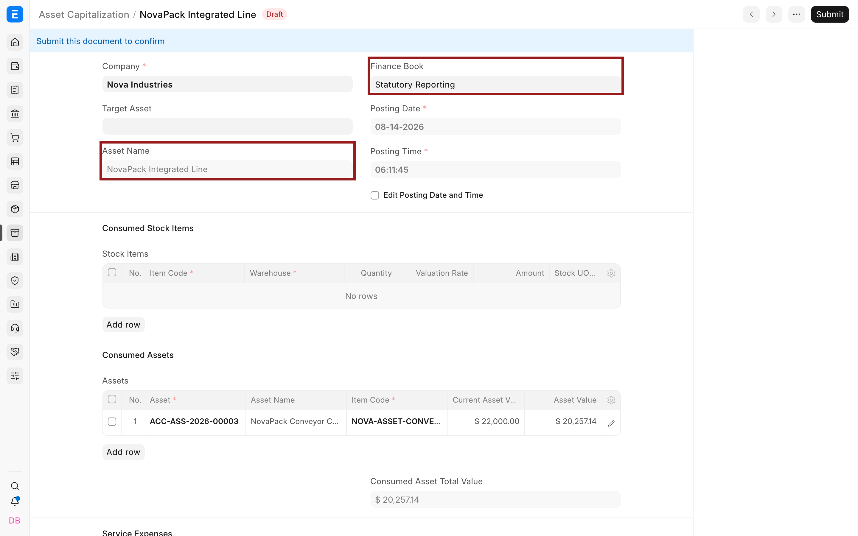 Target Asset details in ERPNext Asset Capitalization