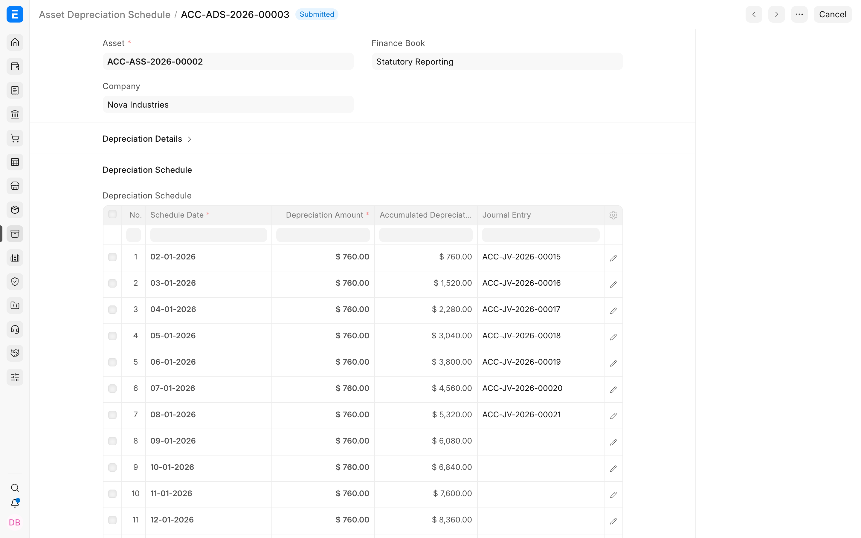 Submitted Asset Depreciation Schedule with posted Journal Entries