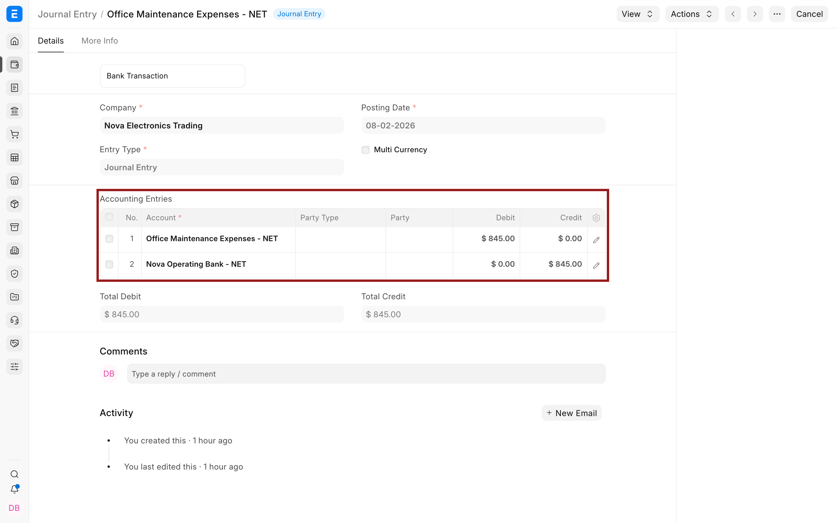 Operating expense recorded with a balanced Journal Entry