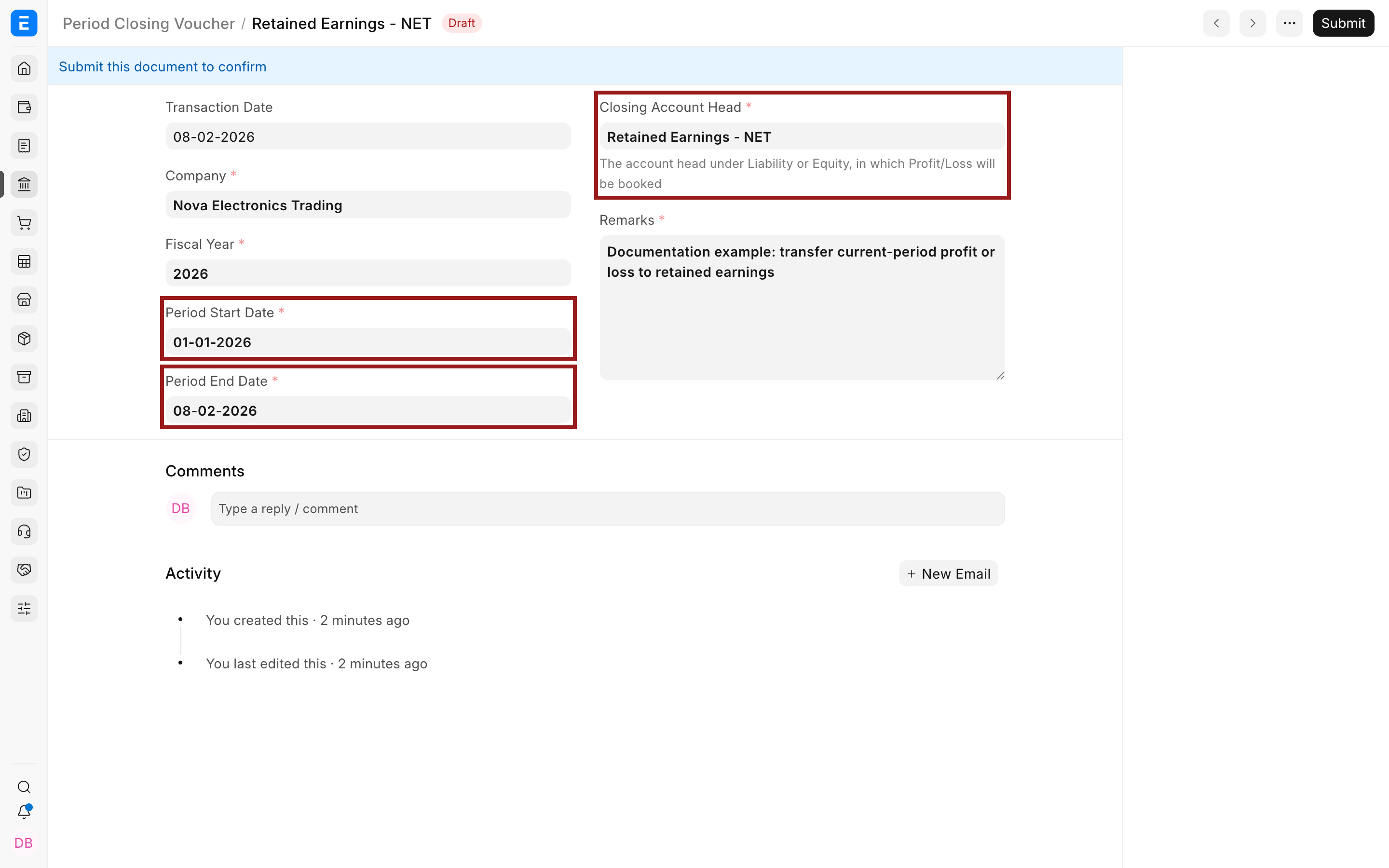 Period dates and Retained Earnings on an ERPNext Period Closing Voucher