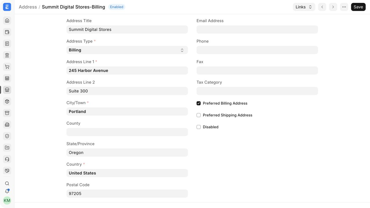 Billing Address for Summit Digital Stores with preferred billing status.