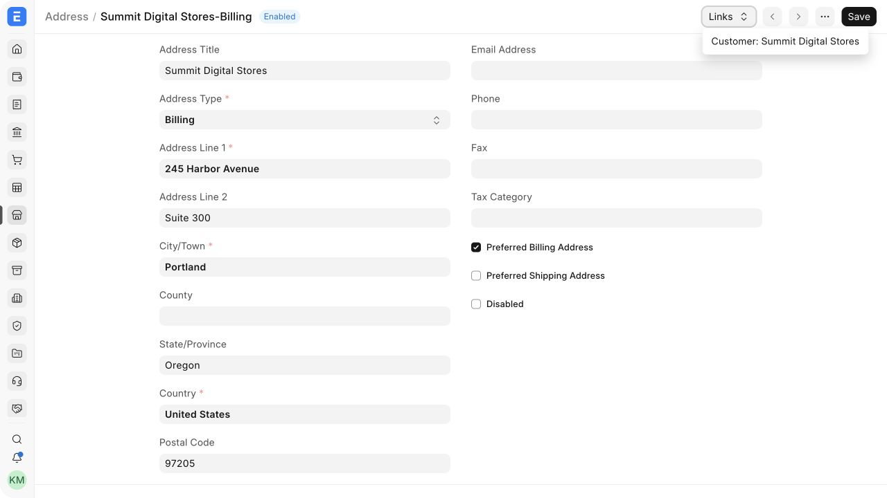 Links menu showing the Address connected to Summit Digital Stores.