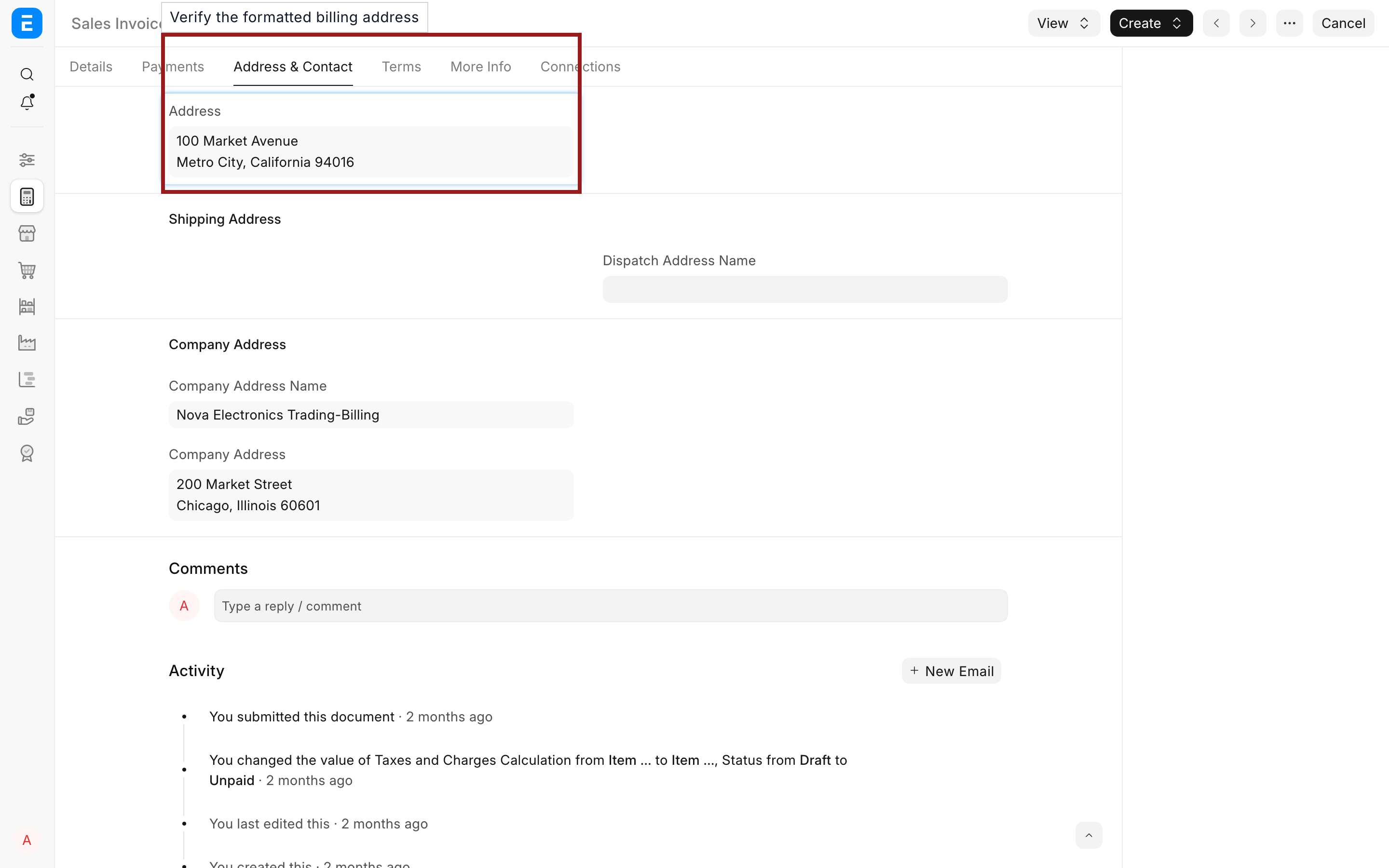 Northstar Retail billing address formatted on a Sales Invoice