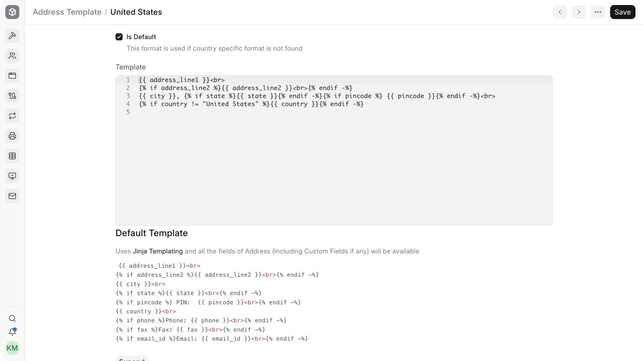 United States Address Template editor with Jinja fields and default status.