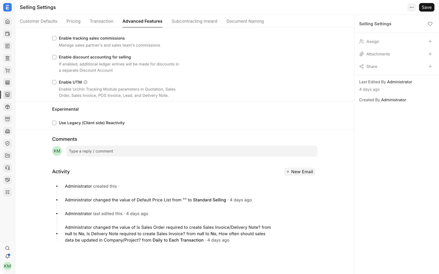 Advanced Features tab in ERPNext Selling Settings