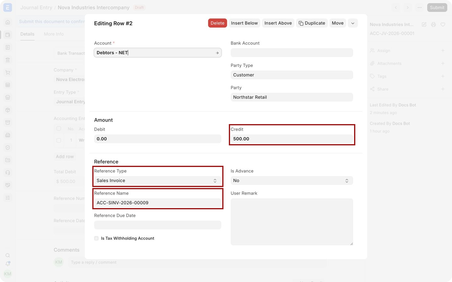 Credit amount and Sales Invoice reference highlighted in the child-row editor