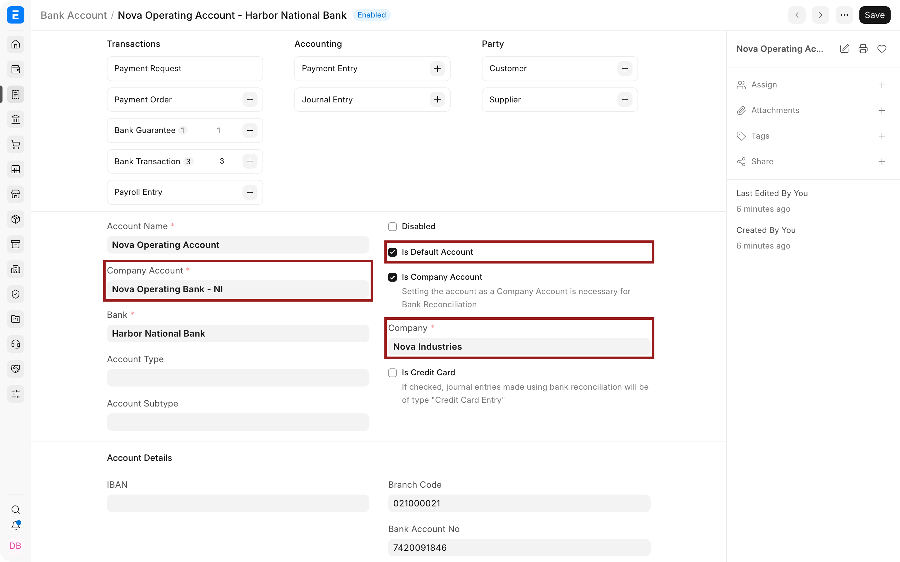 Company ledger and default Bank Account setting
