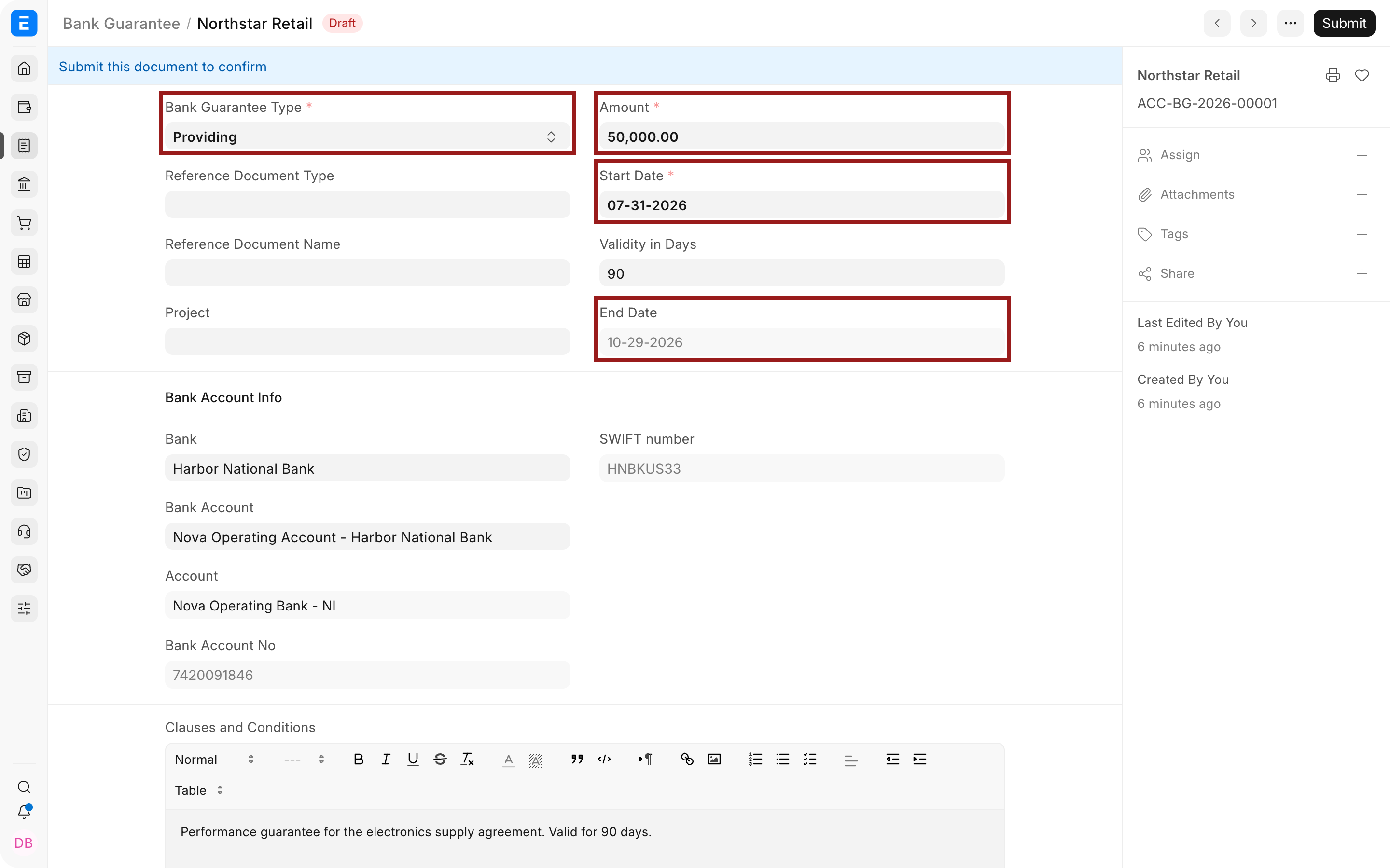 Bank Guarantee type, amount, and validity fields