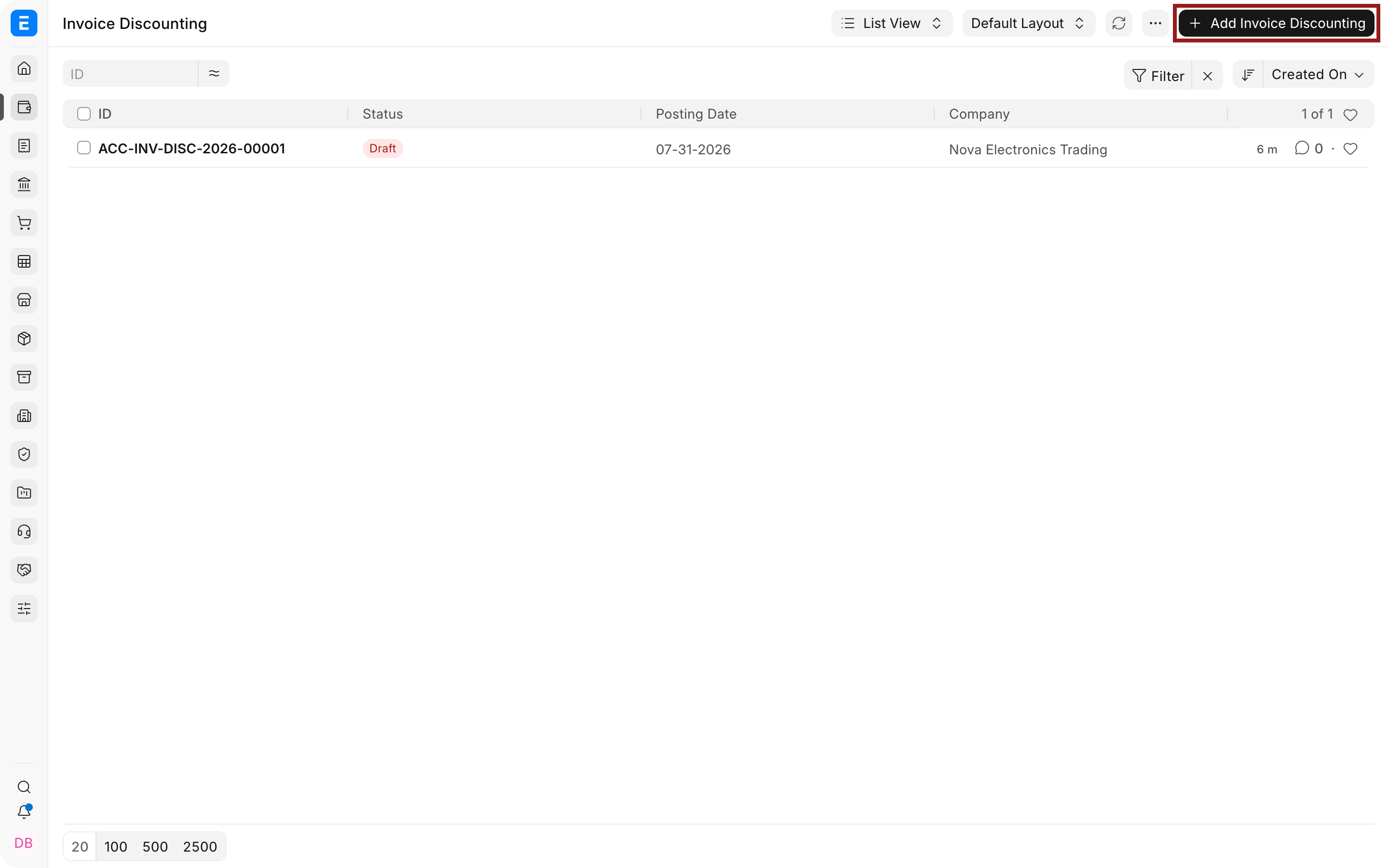 Invoice Discounting list with Add Invoice Discounting highlighted