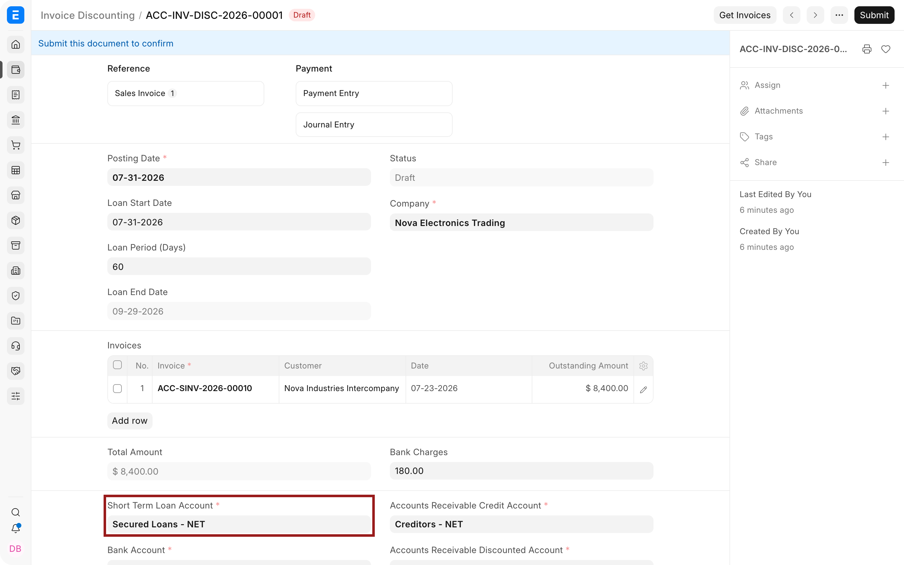 Short-term loan account for Invoice Discounting