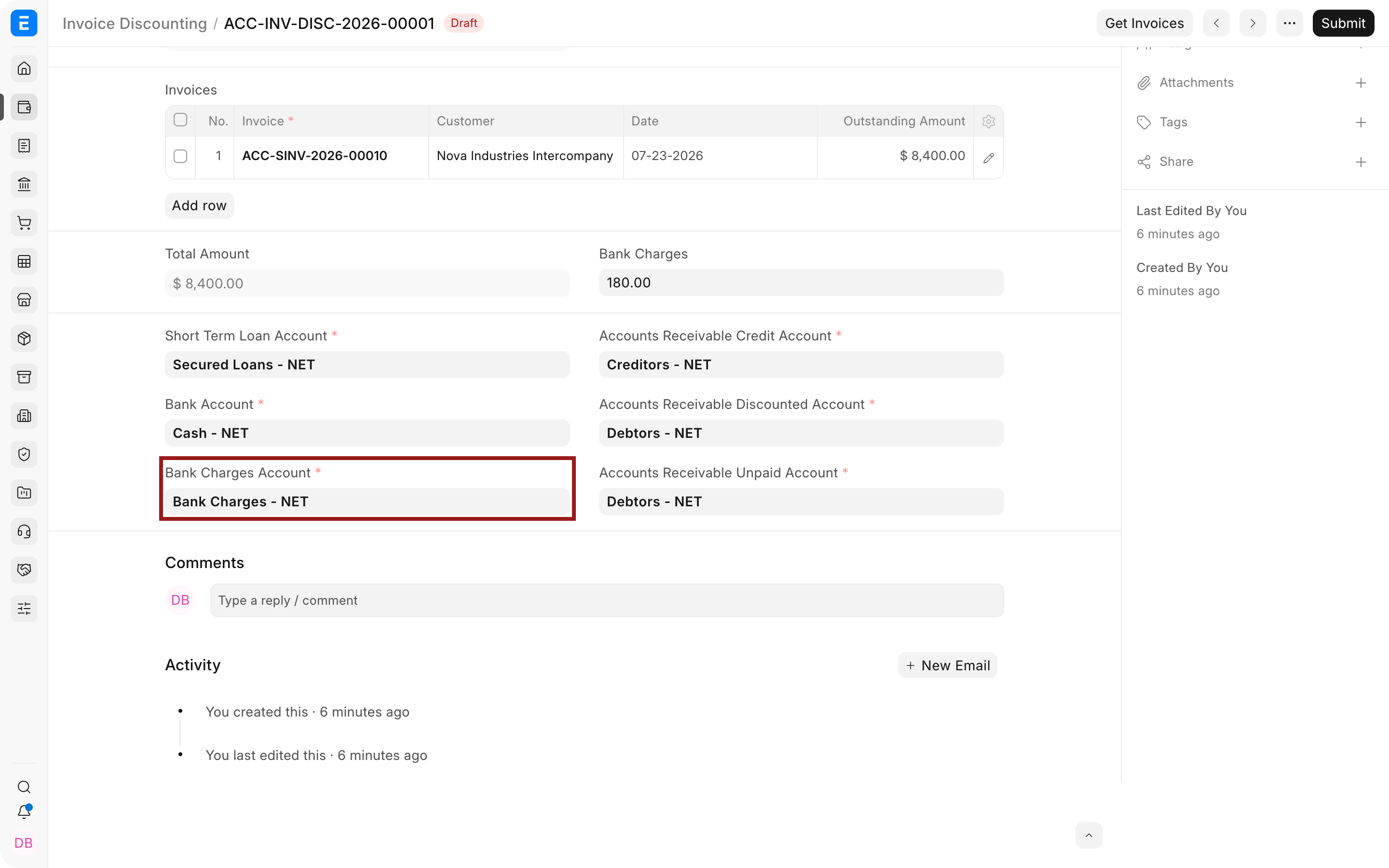 Bank Charges Account for Invoice Discounting