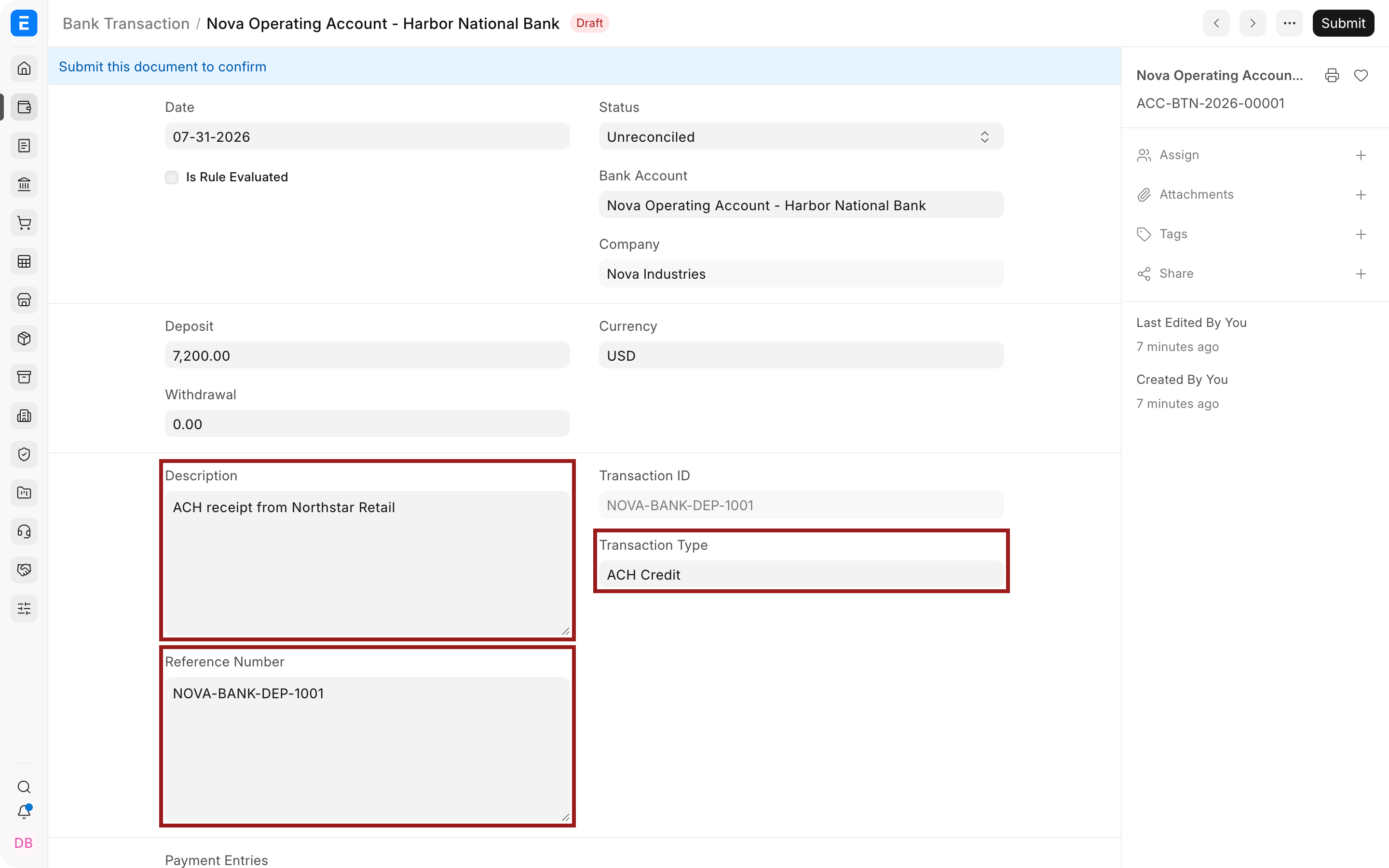 Description, reference number, and transaction type