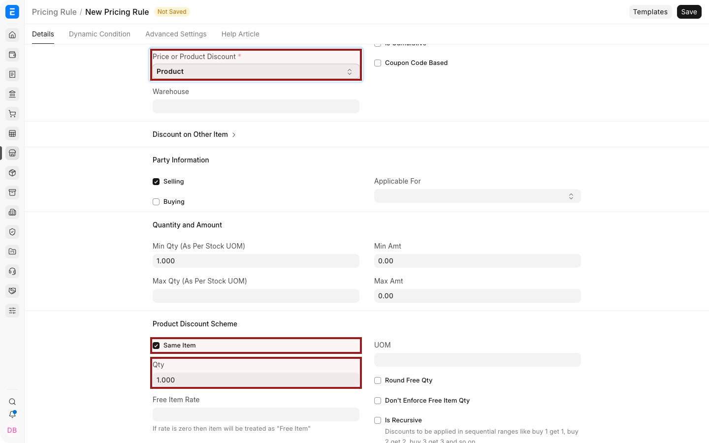 A Product Discount Pricing Rule configured for Buy 1 Get 1 Free.
