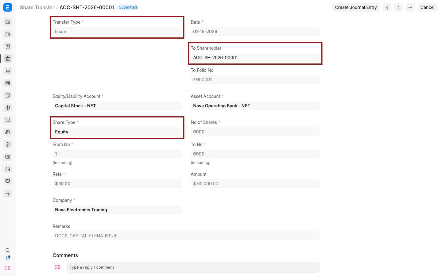 Share issue type, recipient, and share type highlighted