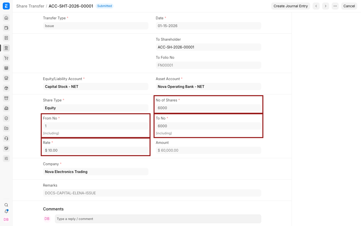 Share number range, quantity, and rate highlighted