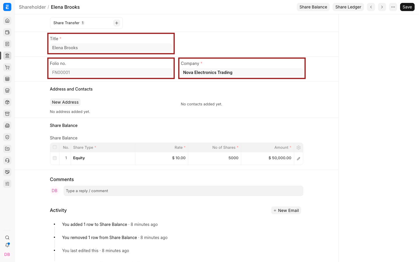 Shareholder name, company, and folio number highlighted