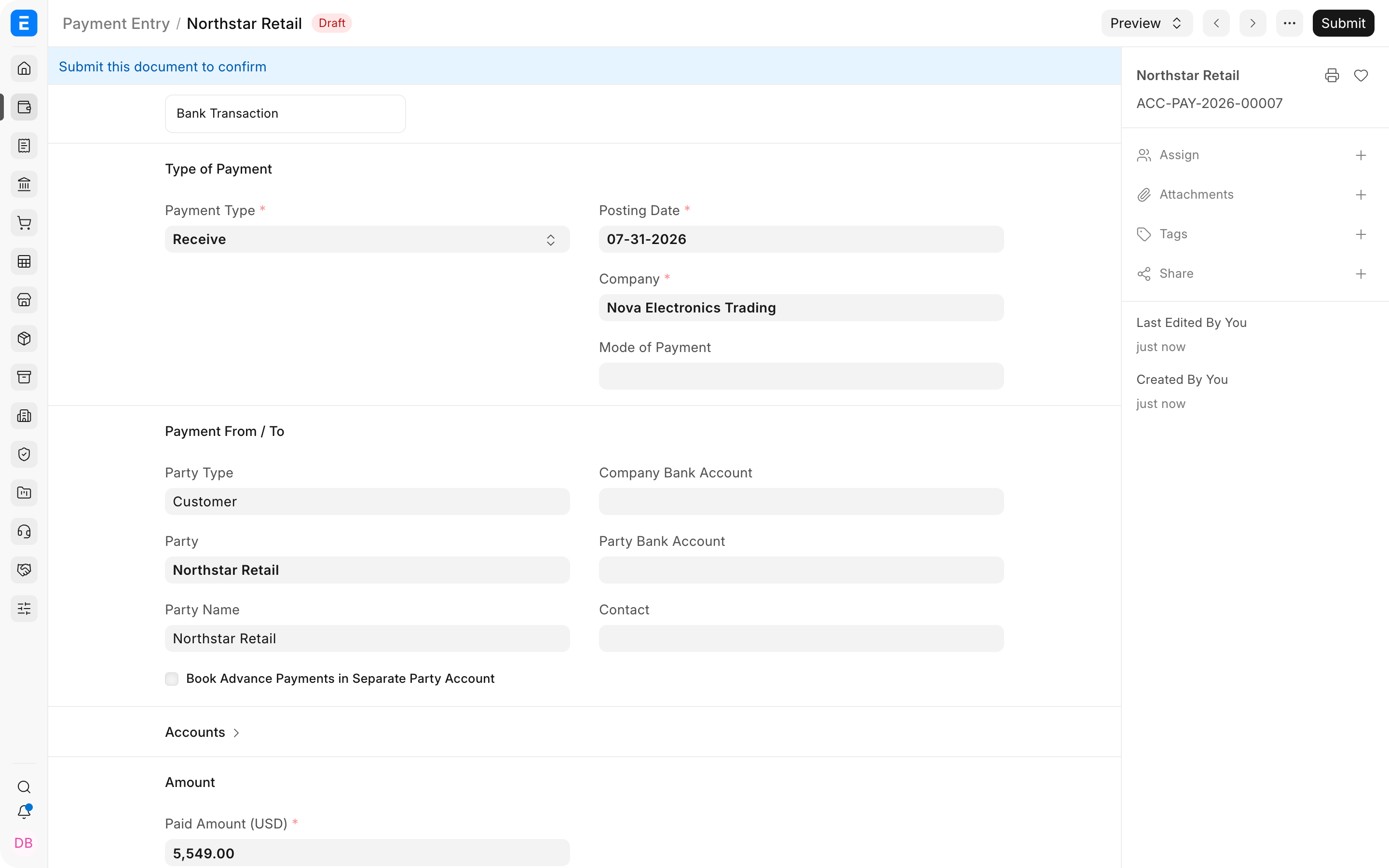 Receive Payment Entry for a bulk customer payment in ERPNext