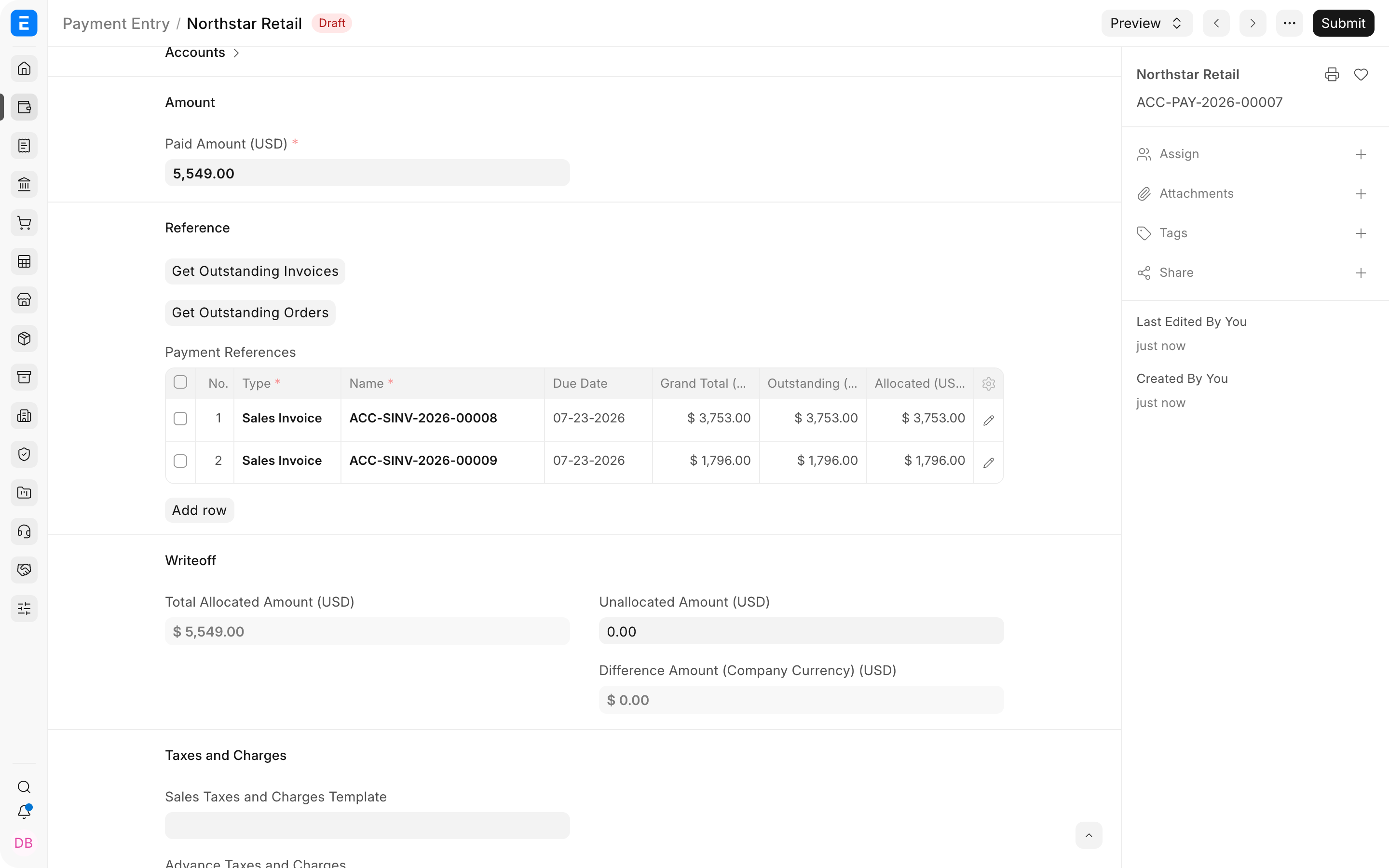 Allocate a bulk customer payment across multiple invoices in ERPNext