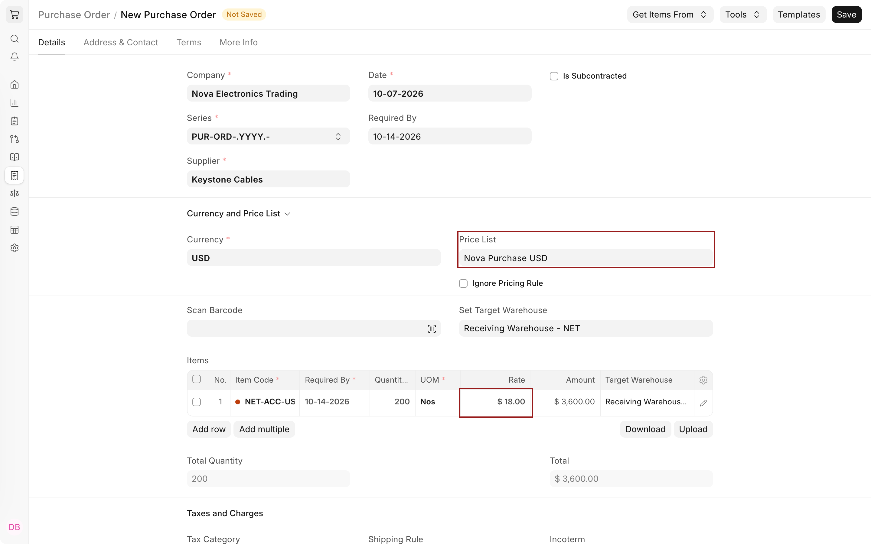 Purchase Order for Keystone Cables with the Price List Nova Purchase USD and the $18.00 rate highlighted