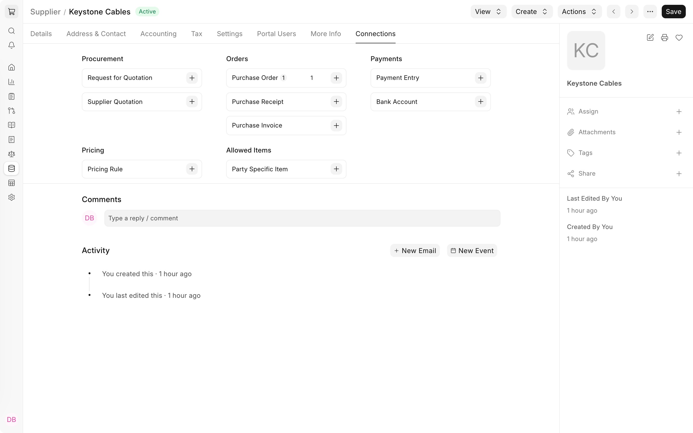 Connections tab of Keystone Cables showing one Purchase Order