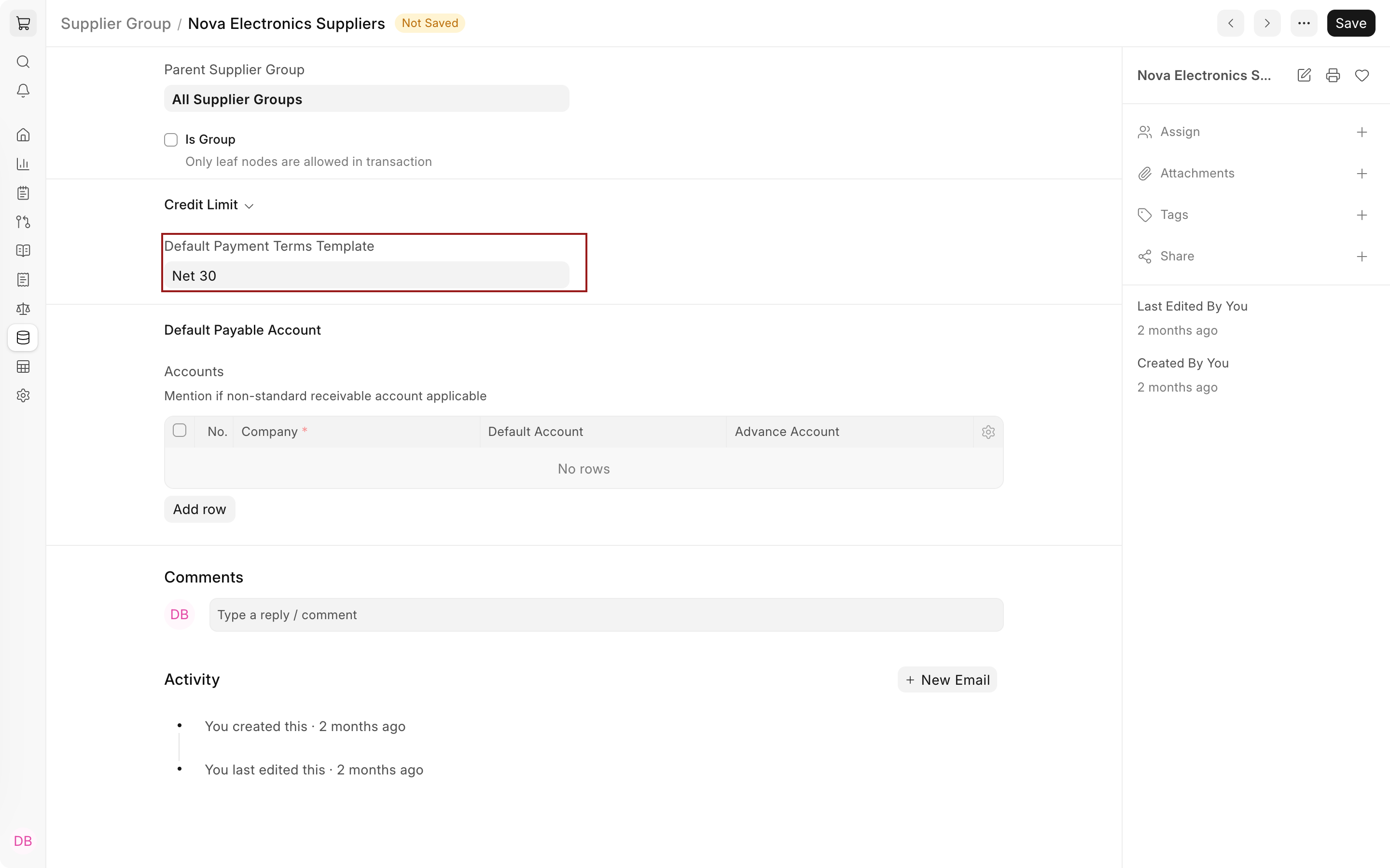 Nova Electronics Suppliers form with Default Payment Terms Template set to Net 30 and highlighted