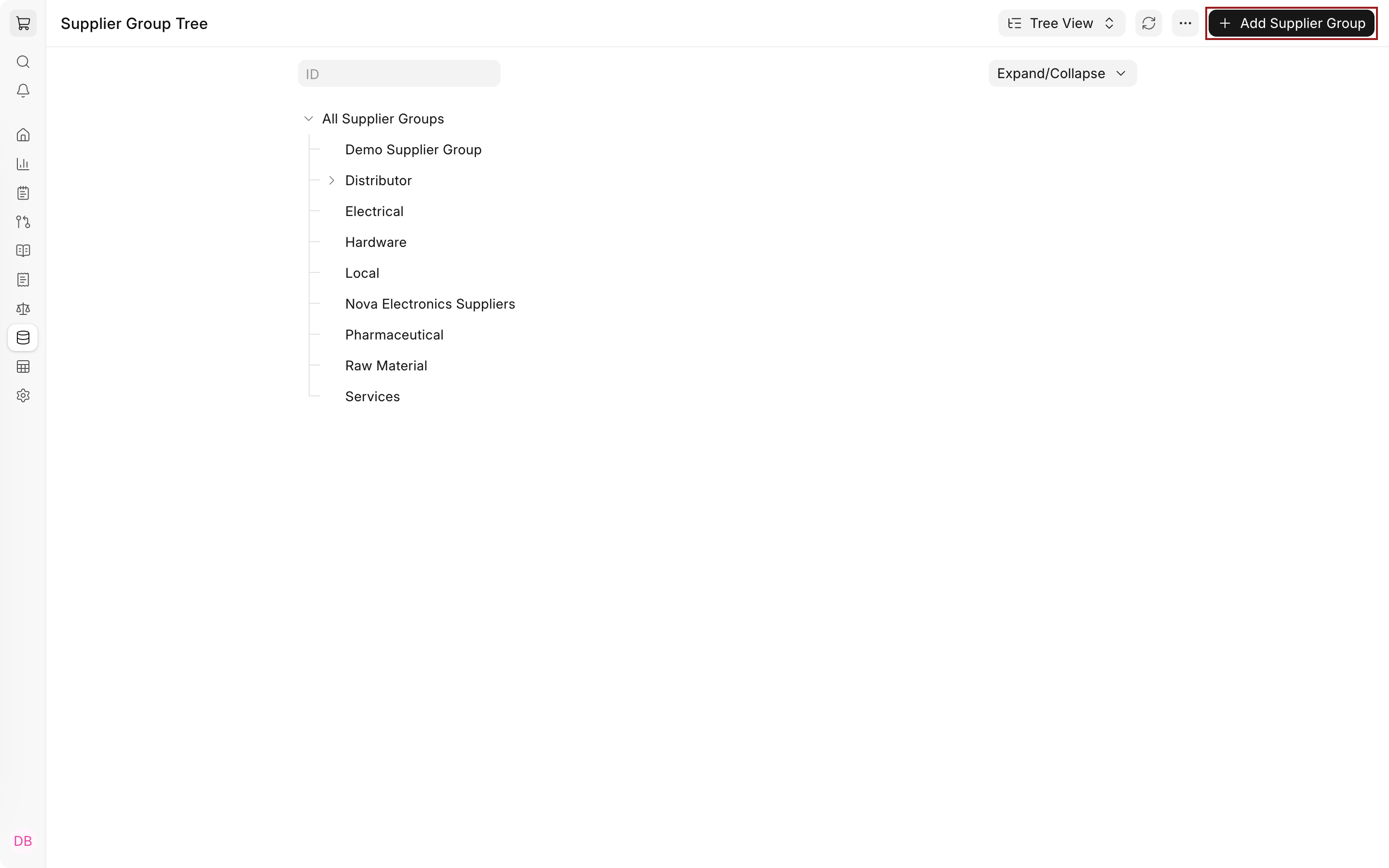 Supplier Group Tree with the Add Supplier Group button highlighted and Nova Electronics Suppliers listed under All Supplier Groups
