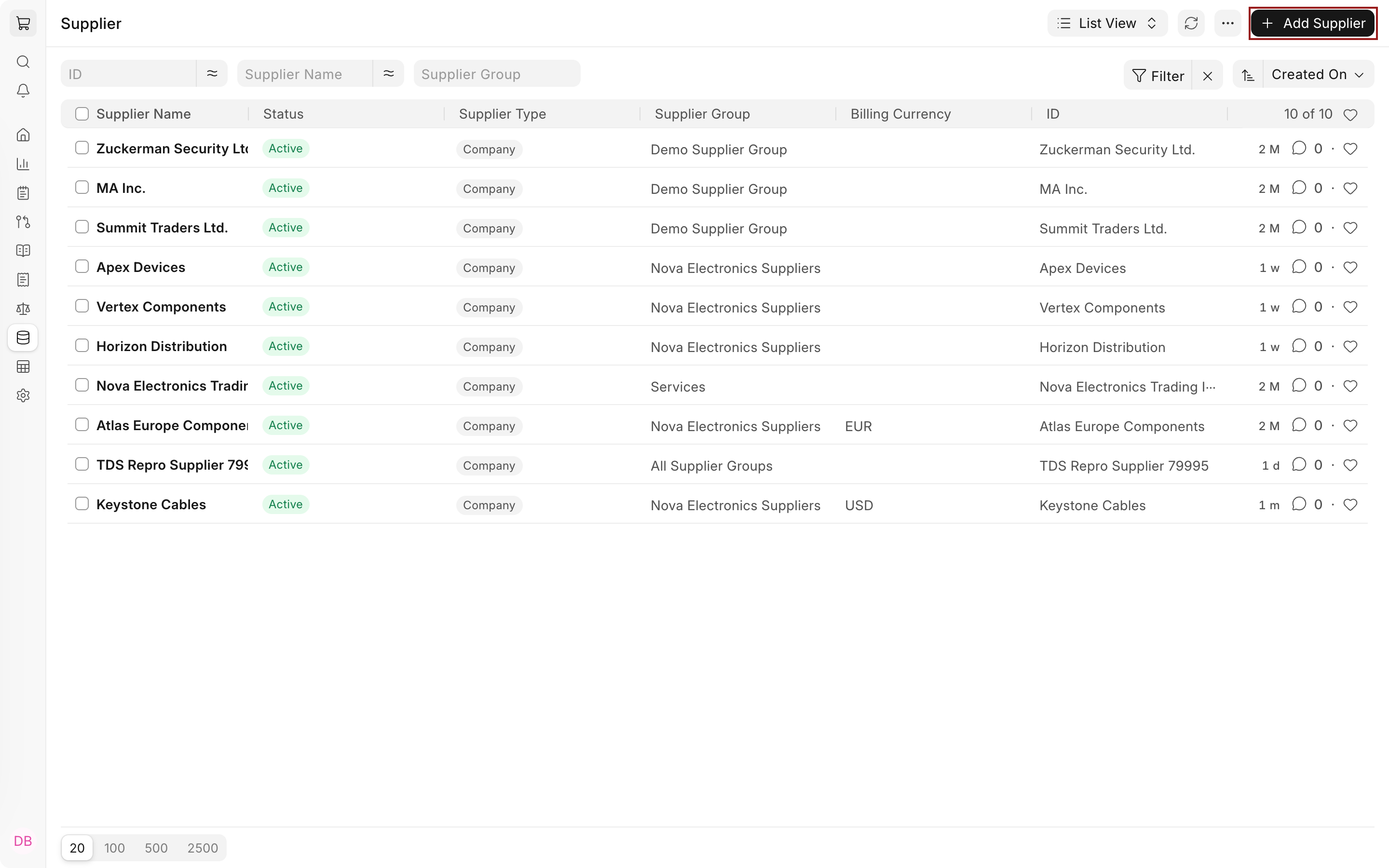 Supplier list with the Add Supplier button highlighted