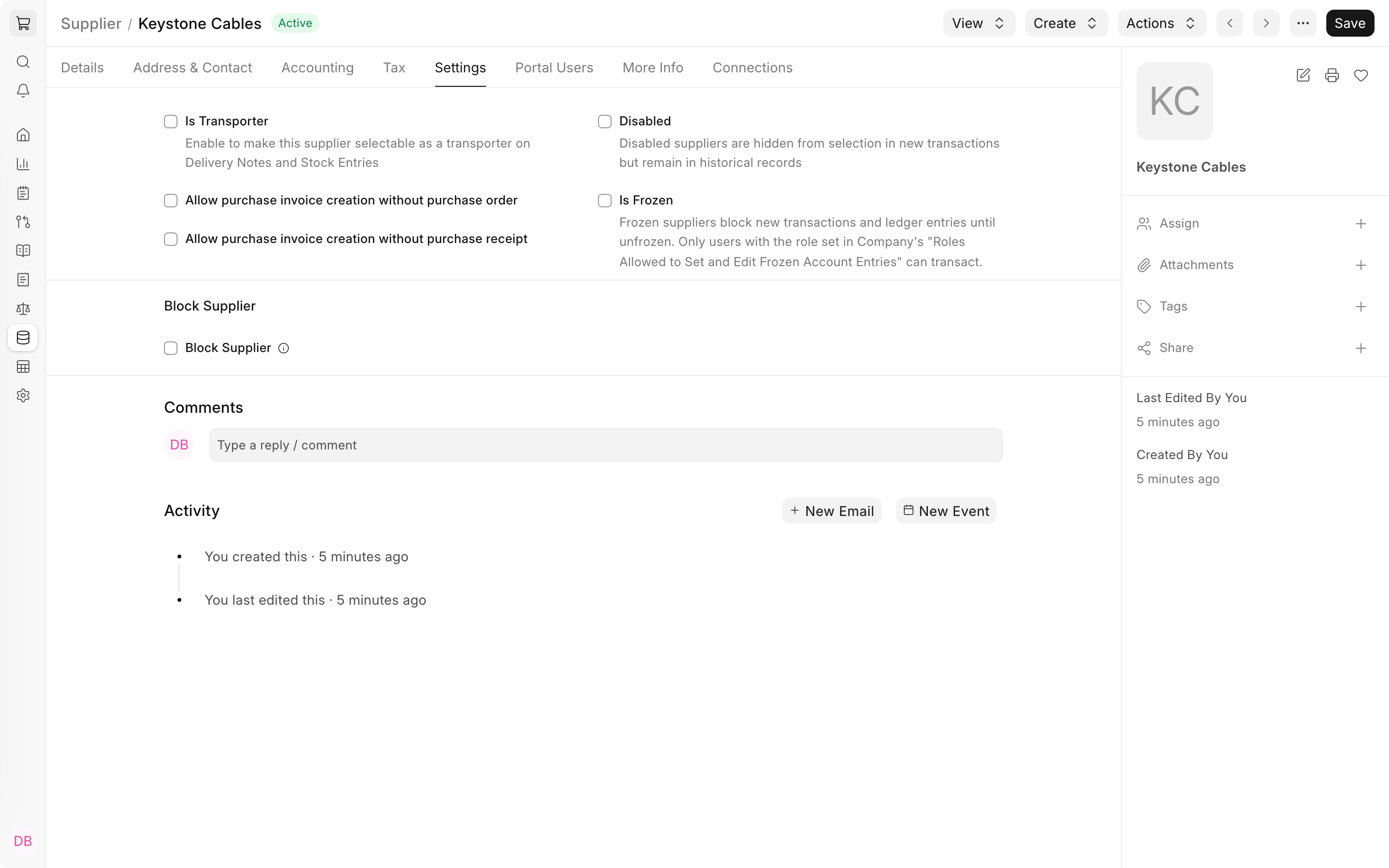 Settings tab of Keystone Cables with transaction checks and the Block Supplier section