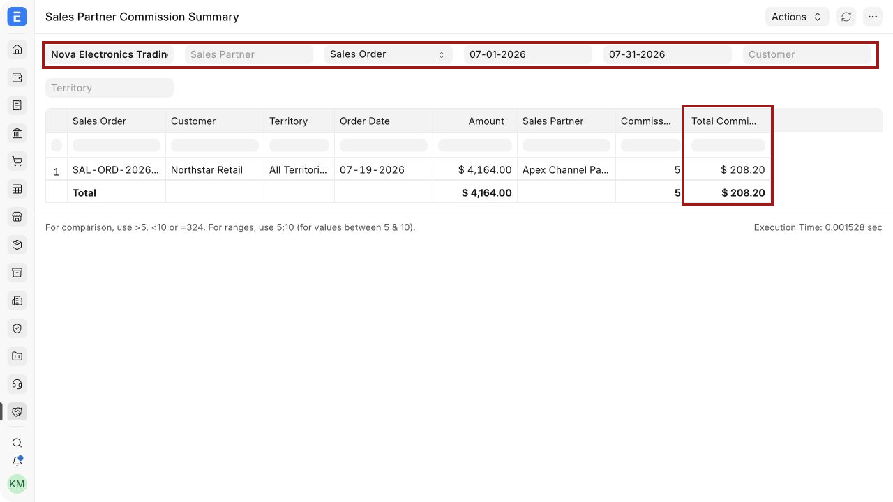 Sales Partner Commission Summary with a submitted Sales Order