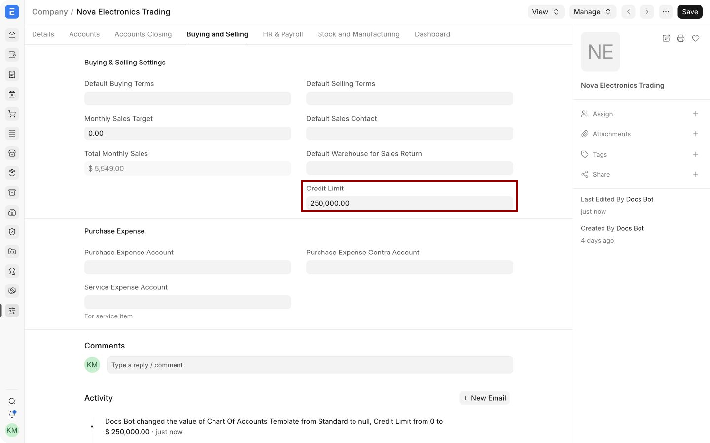 Company Buying and Selling tab with Credit Limit highlighted