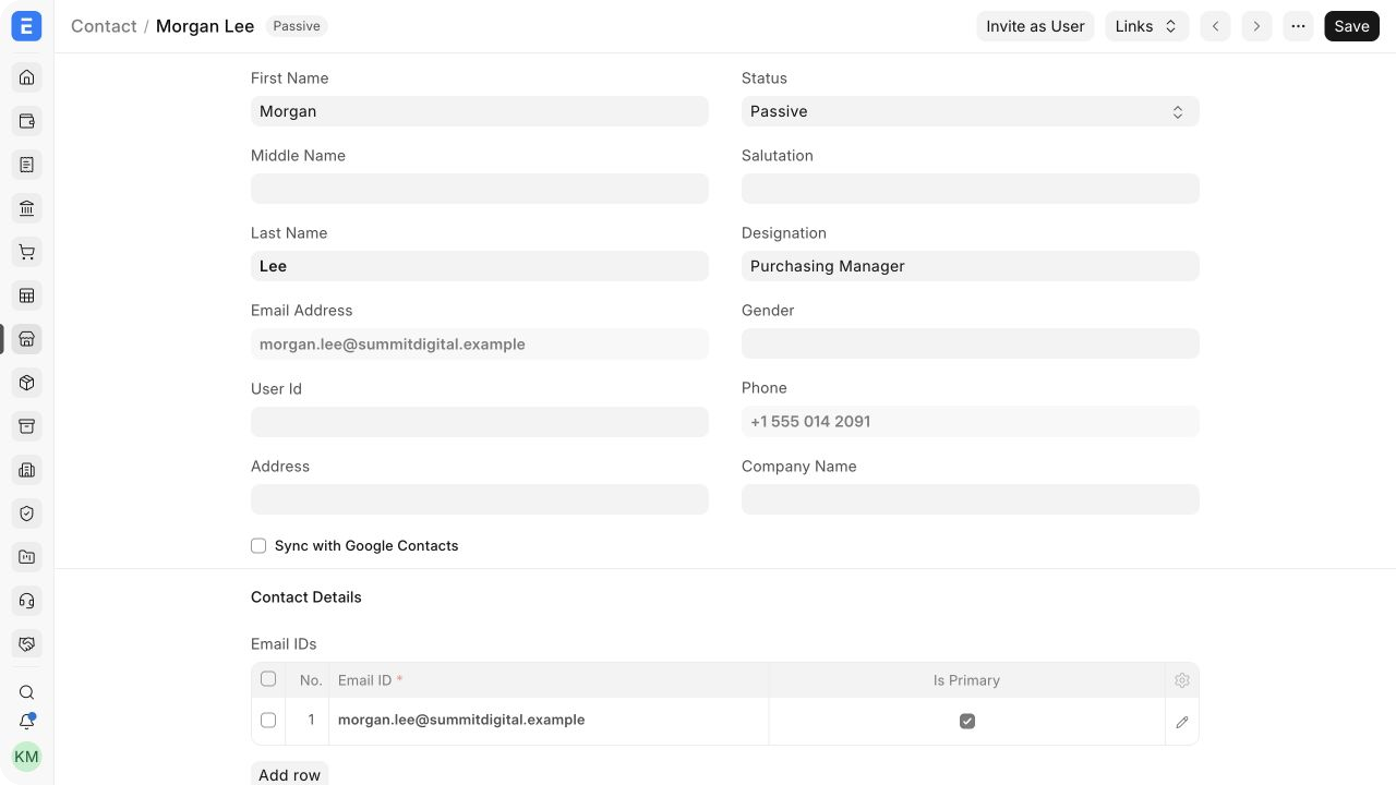 Contact form for Morgan Lee with status, designation, phone, and primary email.
