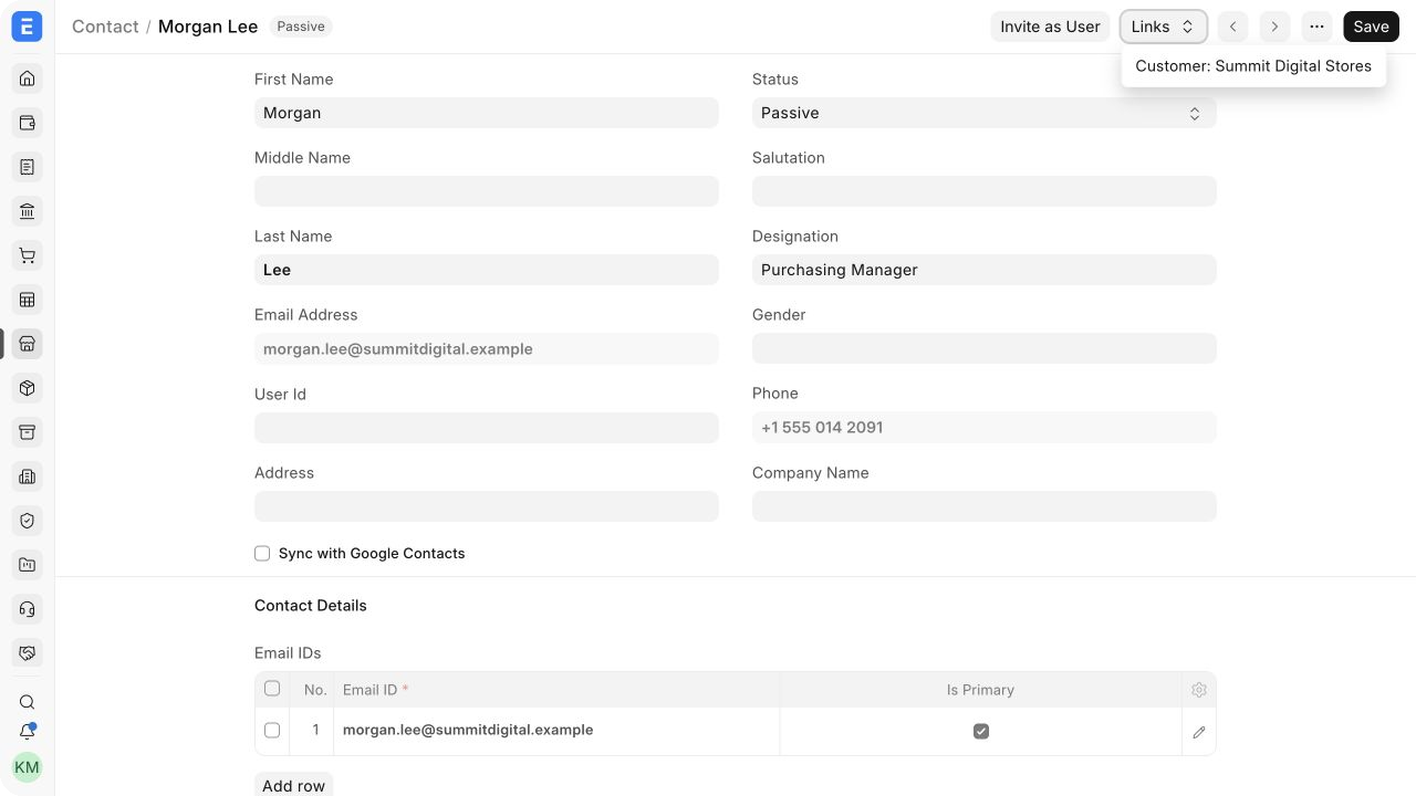 Links menu showing Morgan Lee connected to Summit Digital Stores.