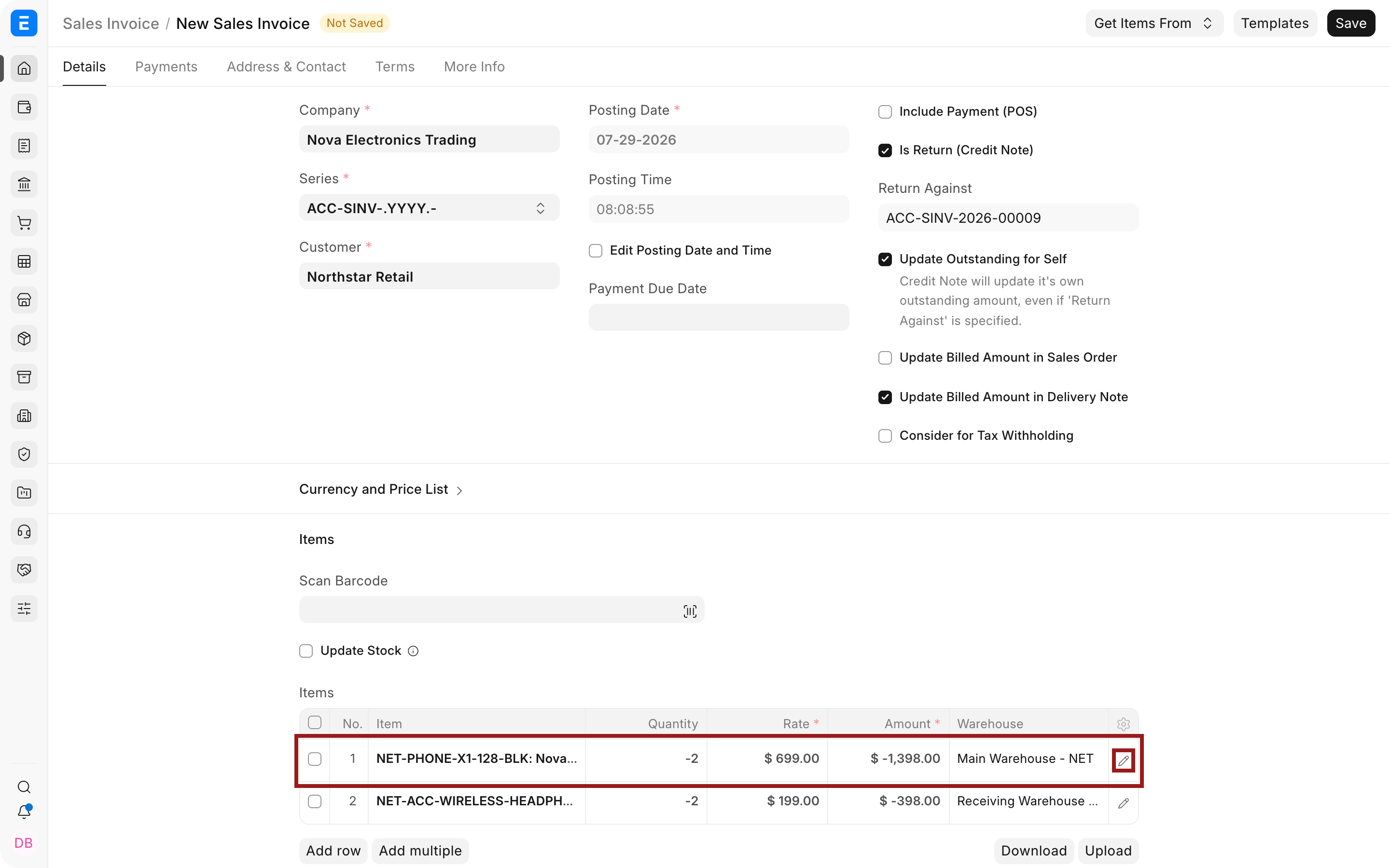 Returned quantities, amounts, receiving Warehouse, and the item-row edit action on a Credit Note
