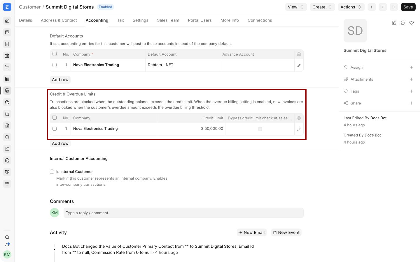 Customer Accounting tab with the Credit and Overdue Limits table highlighted