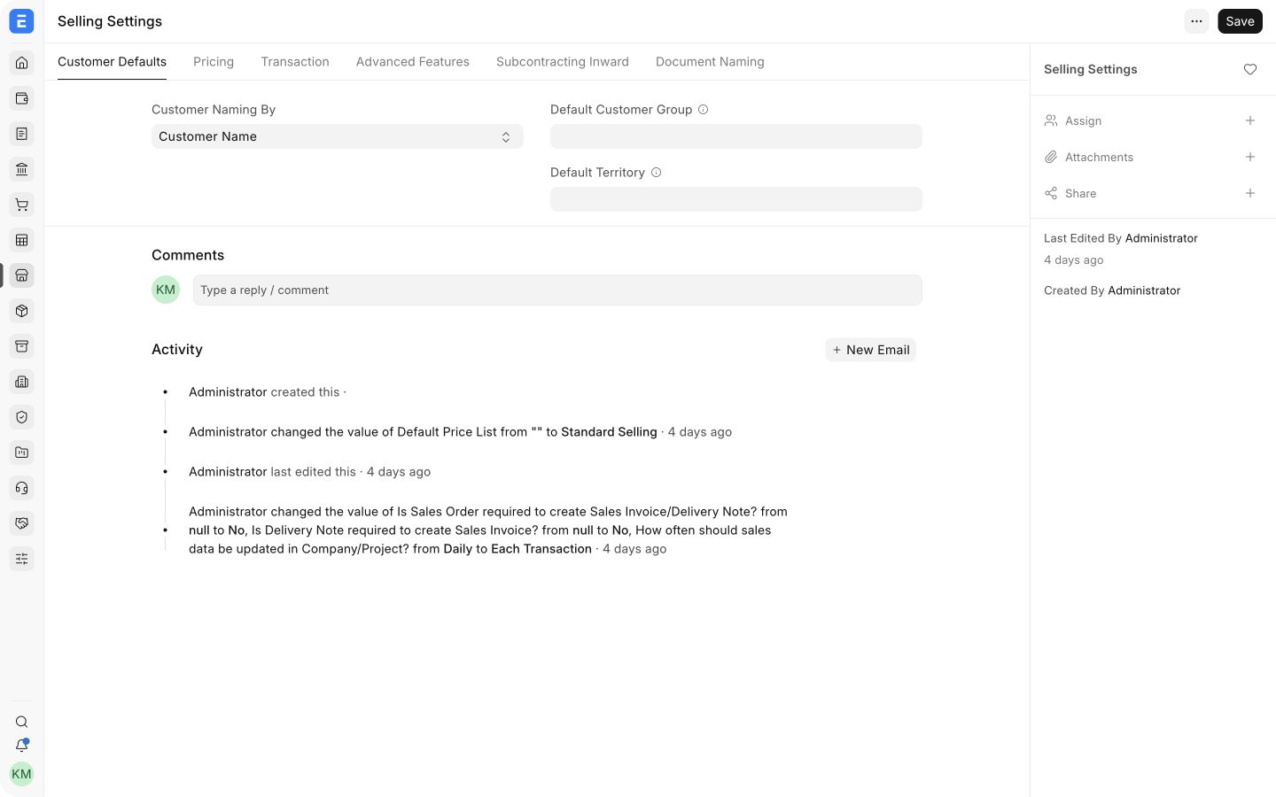 Customer Defaults tab in ERPNext Selling Settings