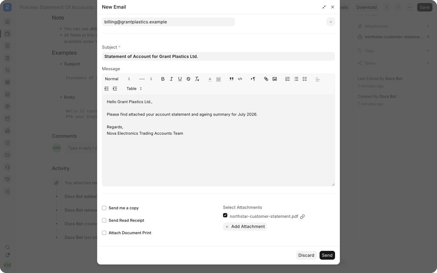 Customer statement email preview