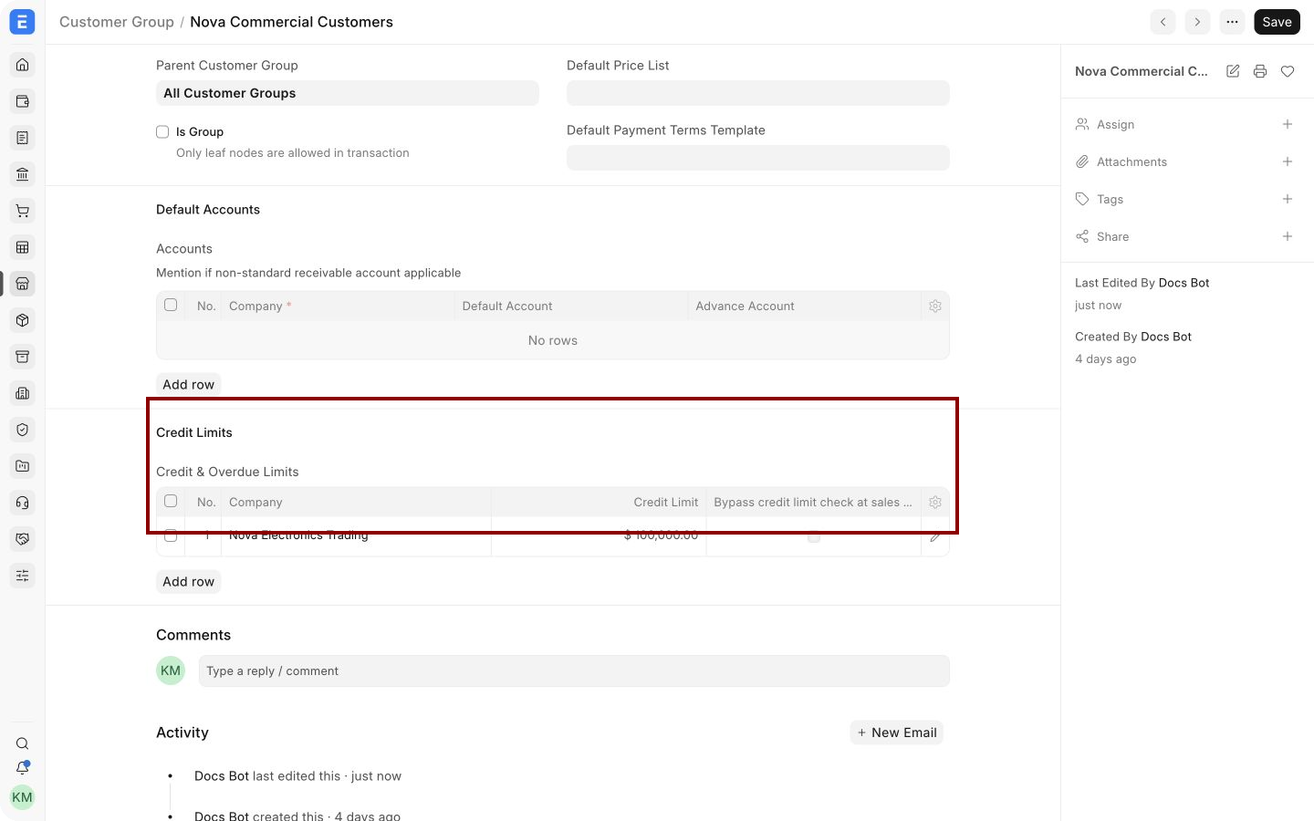 Customer Group with its company-specific Credit Limit row highlighted